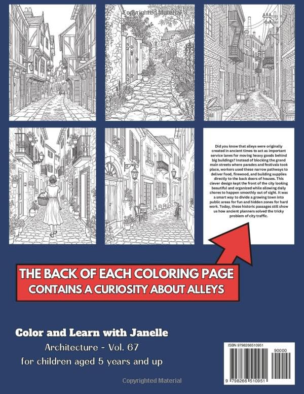 50 Alleys Coloring Pages for Kids and Adults: +50 True Facts about these Small Streets. Coloring Book for Children and Relaxation. Color and Learn with Janelle - Architecture - Vol. 67 image 3