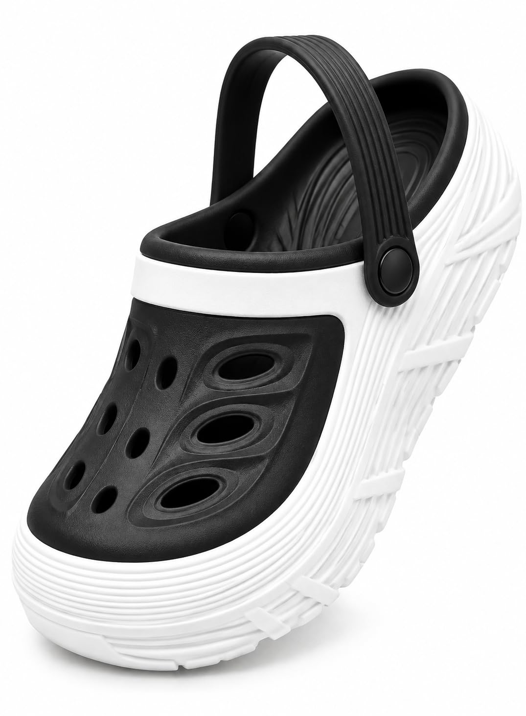 chunky platform clogs black & white eva with heel strap