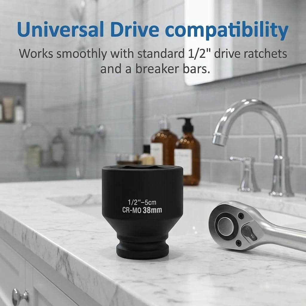 1-1/2" Socket, Water Heater Element Socket Wrench with 1/2" Drive 38MM, 6-Point Design Ideal for Removing & Replacing All Residential Screw-in Water Heater Elements, Compatible with Camco GE and More