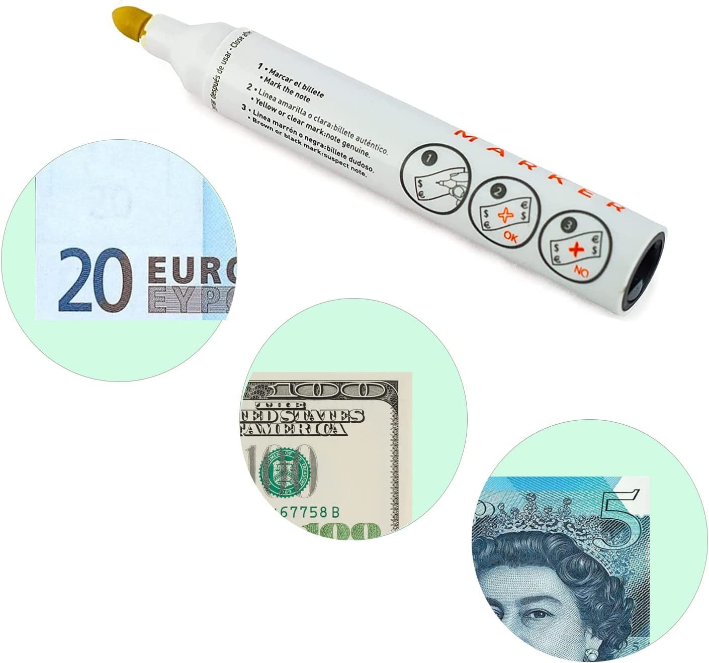 Detector Billetes Falsos Pack 24 Rotuladores, Bolígrafo para Euros Dólar Libras, Fabricado en España
