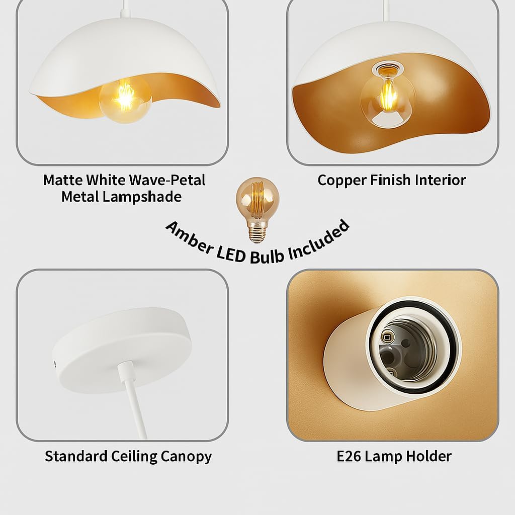 Modern Wave Pendant Light, 11" White and Gold Dome Shade, LED Ceiling Light Fixture with Globe Bulb, Contemporary Hanging Light for Kitchen, Dining Room, Bedroom (2 Pack)