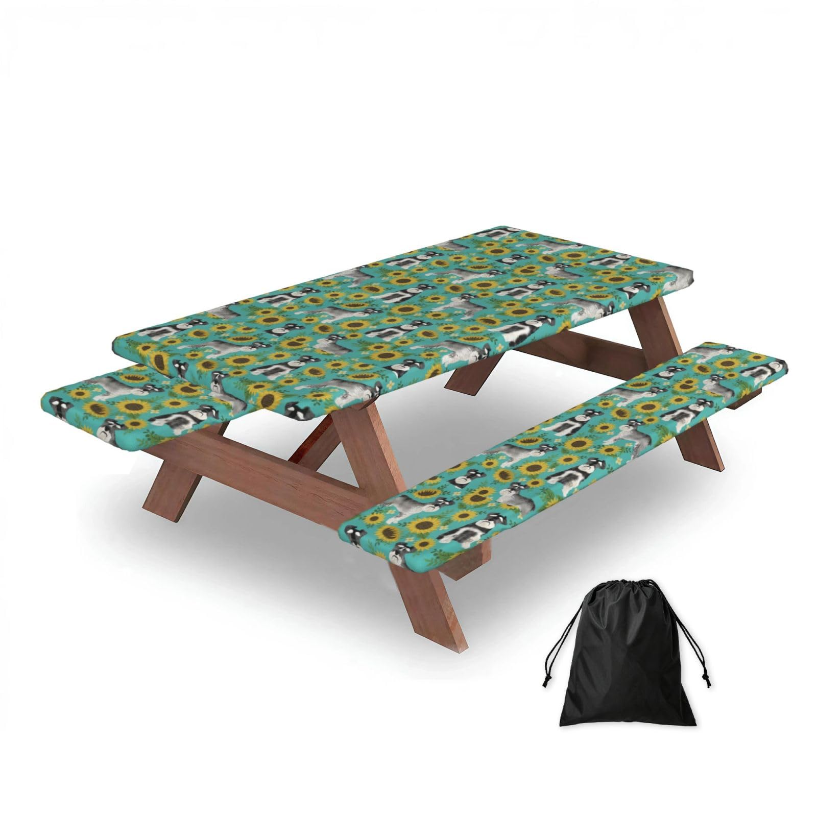 Dopklna As Picture Schnauzer Sunflowers Spring Summer Floral Dog Breed Dog, Picnic Table Cover With Bench Covers -Waterproof Elastic Fitted Tablecloth For Garden Camping Patio 76X152cm