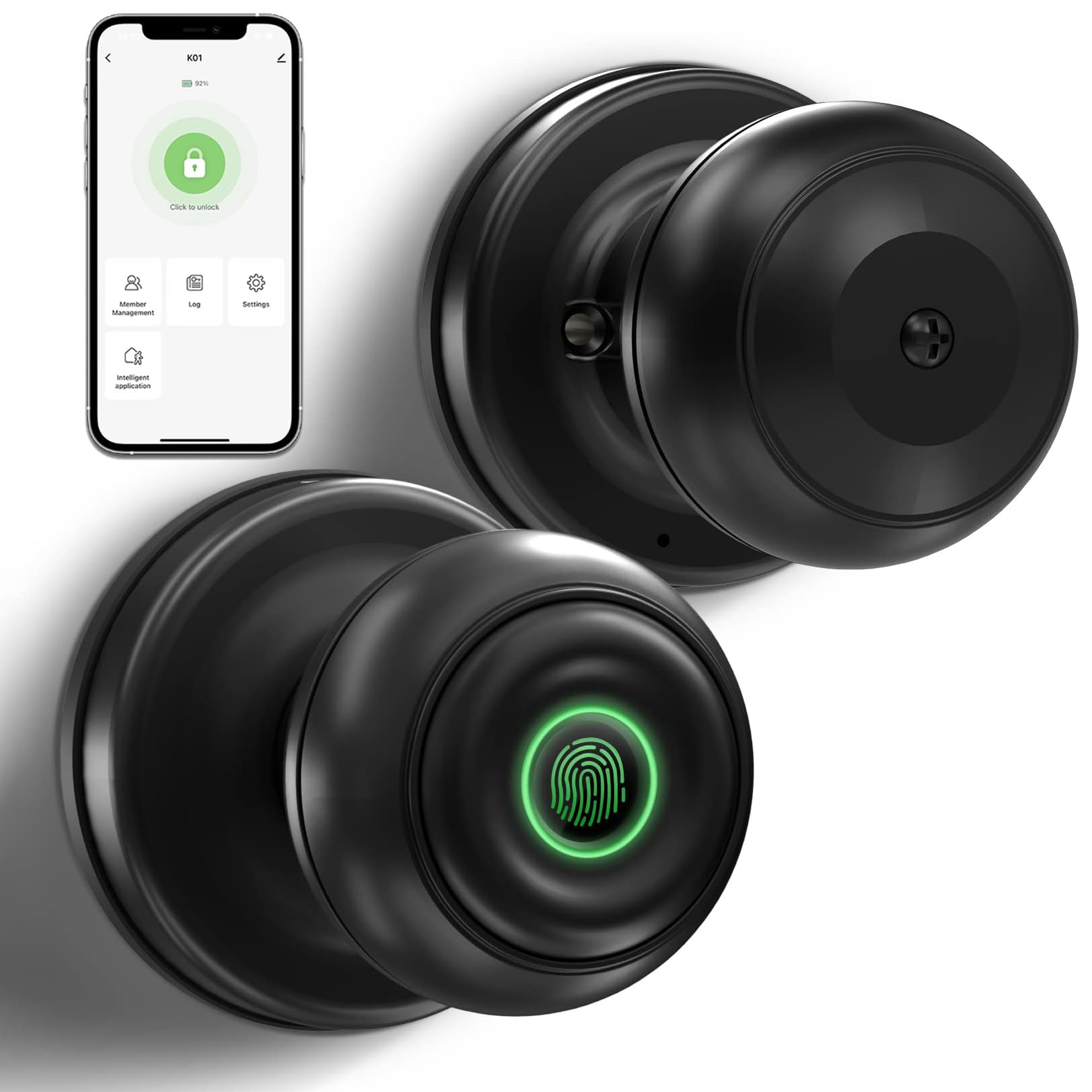 MAKINGTEC Smart Fingerprint Door Knob - Biometric Lock with App Control, Ideal for Bedrooms, Cloakrooms, Apartments, Offices, Hotels, and Private Spaces, Black