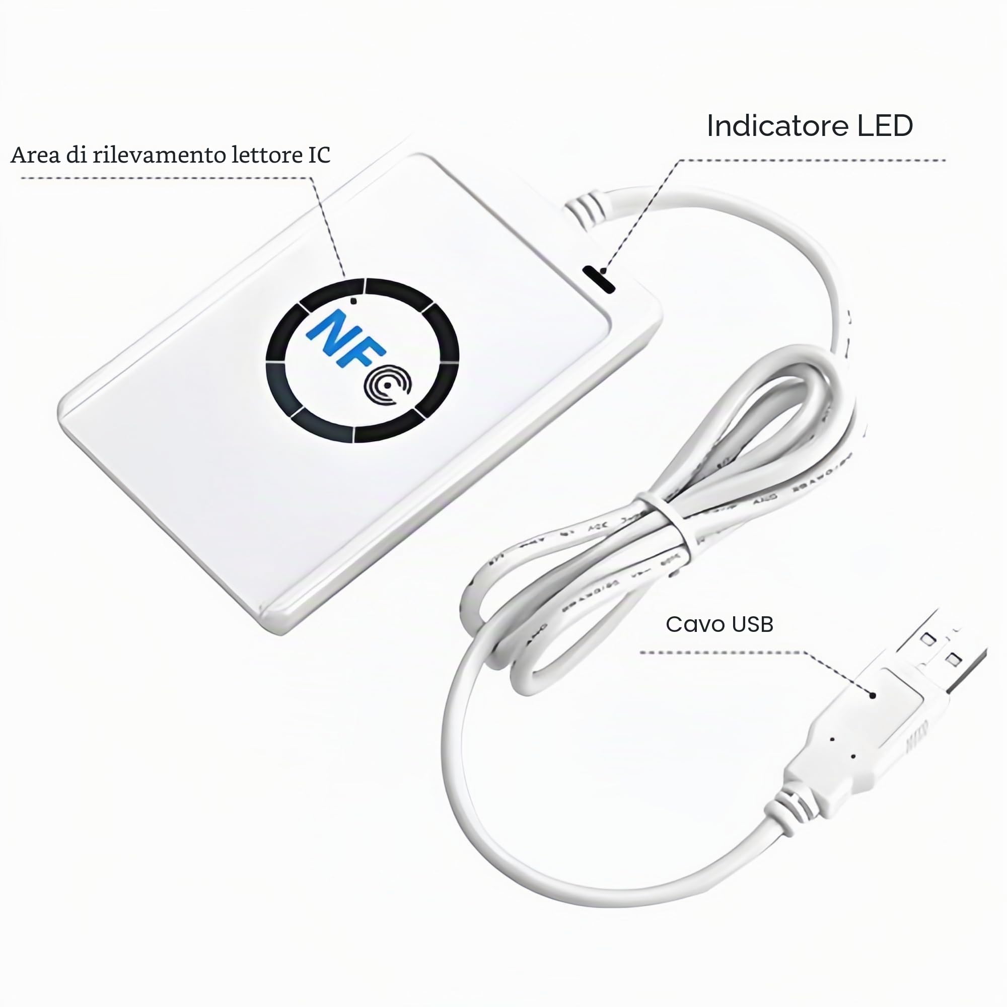 Lettore NFC, Velocità lettura scrittura 424 kbps, Supporto ISO 14443A B Felica 4 NFC, Antenna integrata senza contatto 50 mm, Per computer PC SC CCID