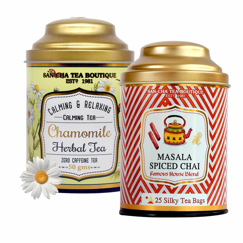 Image of Sancha Tea Boutique, Tea Combo Pack: Chamomile Flower, 50g Caffeine Free Herbal Tisane & Masala Chai (25 Pyramid Bags), Real Spice Blend Chai