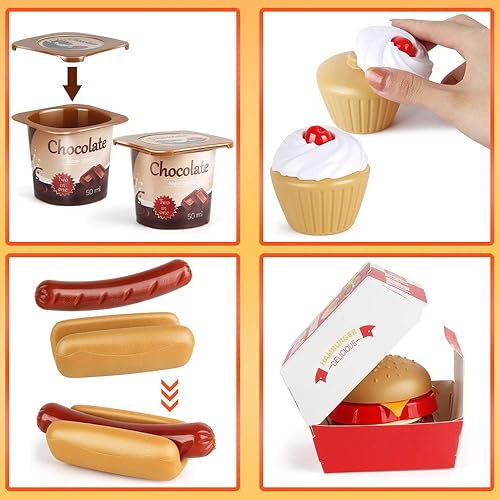 Miniatura 6 de Juego de comida rápida, juego de 59 piezas de juguetes de cocina para juegos de simulación, accesorios de juego para niños pequeños, alimentos