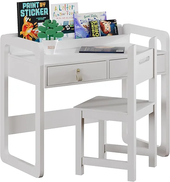 Treocho Kids Desk and Chair Set, Study Desk for Kids with Drawers, Wooden Children Table Set, Student Writing Table for School & Study Room, White