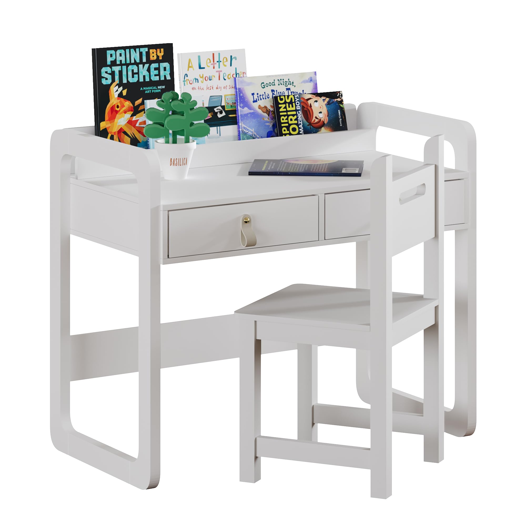 Treocho Kids Desk and Chair Set, Study Desk for Kids with Drawers, Kids Table and Chair Set for 10-12 Years Old, Student Writing Table for School & Study Room, White