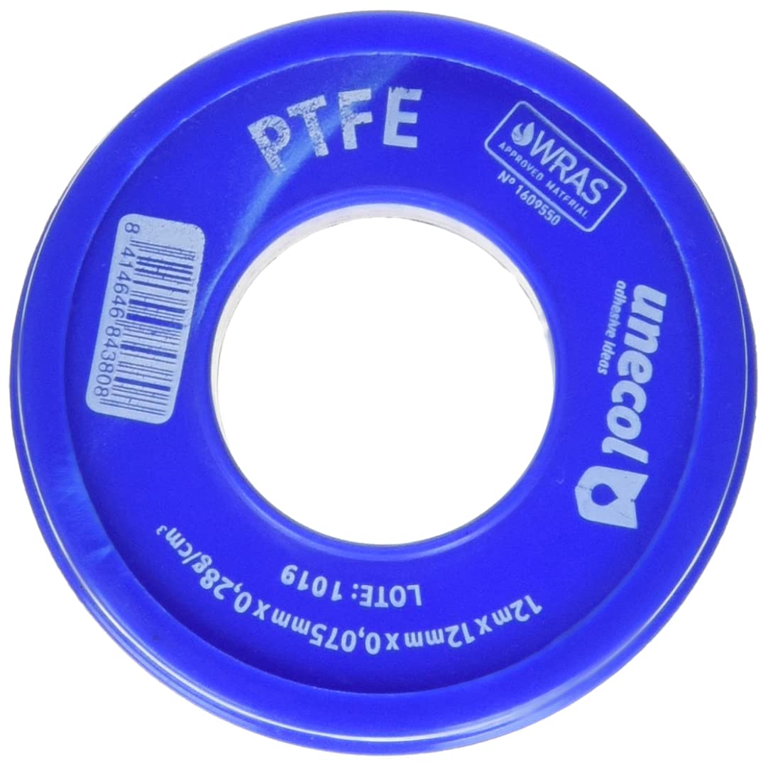 Unecol 8438 - Cinta (PTFE, rollo 12 m x 12 mm x 0,075 mm, 0,28 g/cm³) color blanco