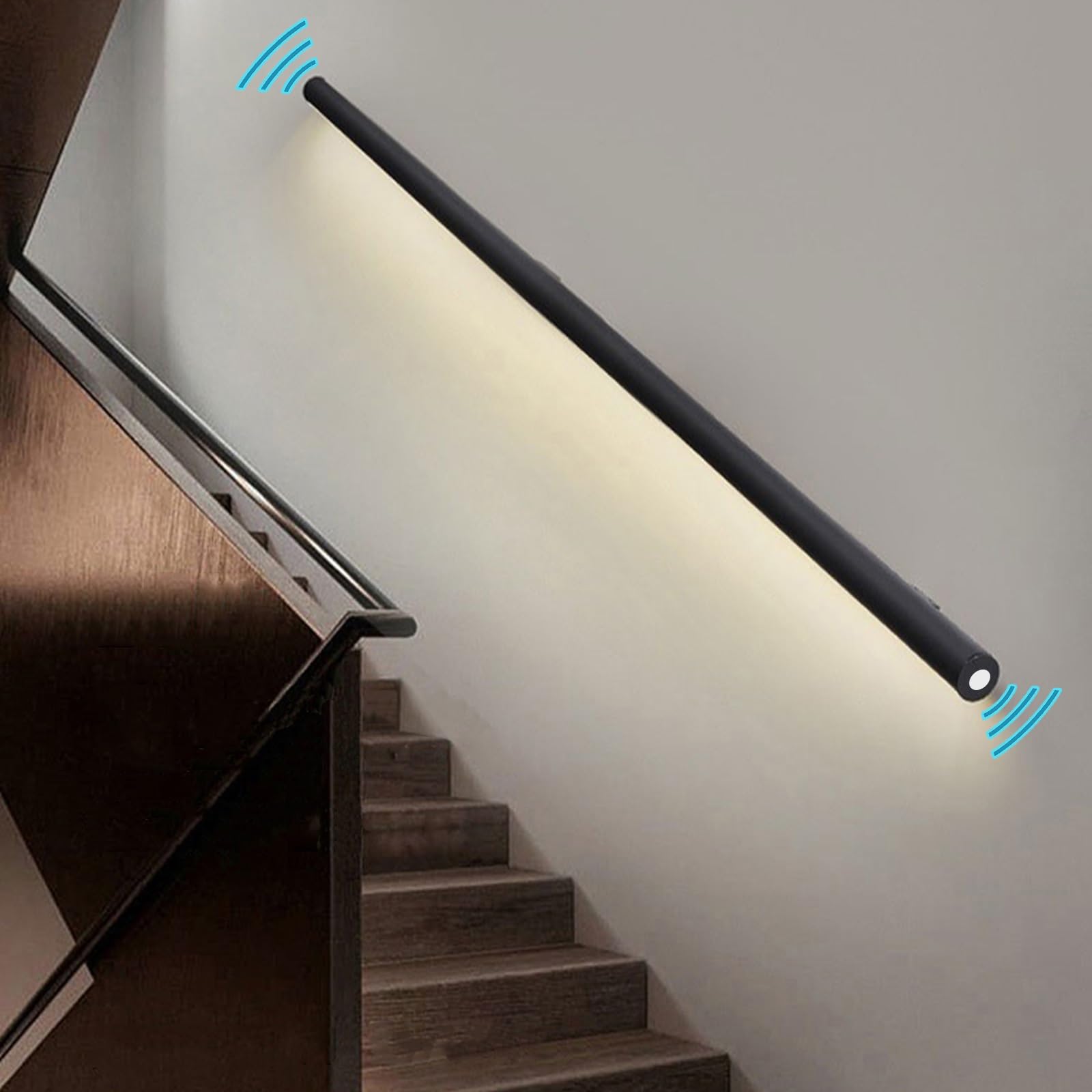 Pasamanos de pared con luz sensor de movimiento, barandilla de mano con luz LED, barandilla de seguridad resistente para escaleras interiores, negro mate (tamaño: derecha-71 (180 cm)