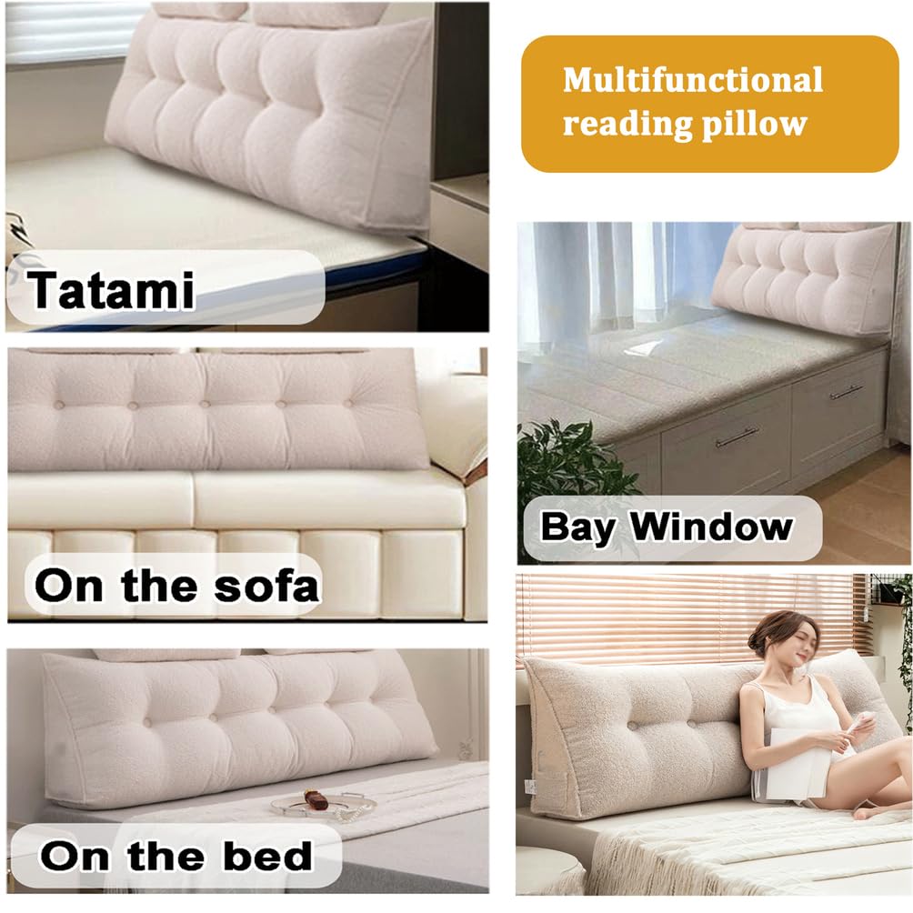 Generisch Großes Keilkissen-Kopfteil,Weiches Waschbares Kopfteilkissen, Dreieck-Lesekissen Mit Praktischen Seitentaschen,Für Sofa-Tatami Und Tagesbett Nackenrolle,Lendenkissen,Beige,200x50x20cm
