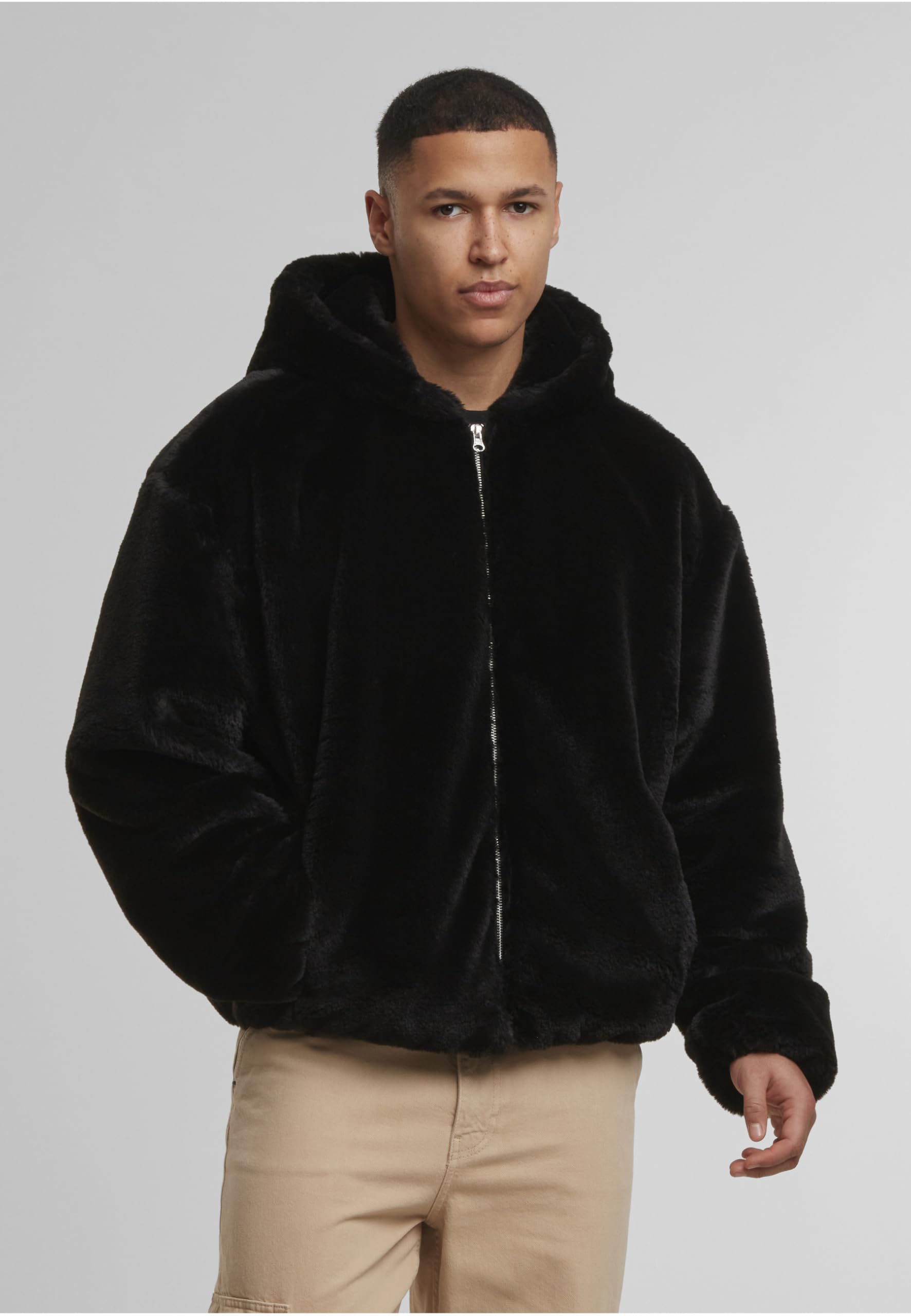 Urban Classics Chaqueta con capucha de felpa sintética y cremallera completa. Hombre Sudadera con capucha Negro