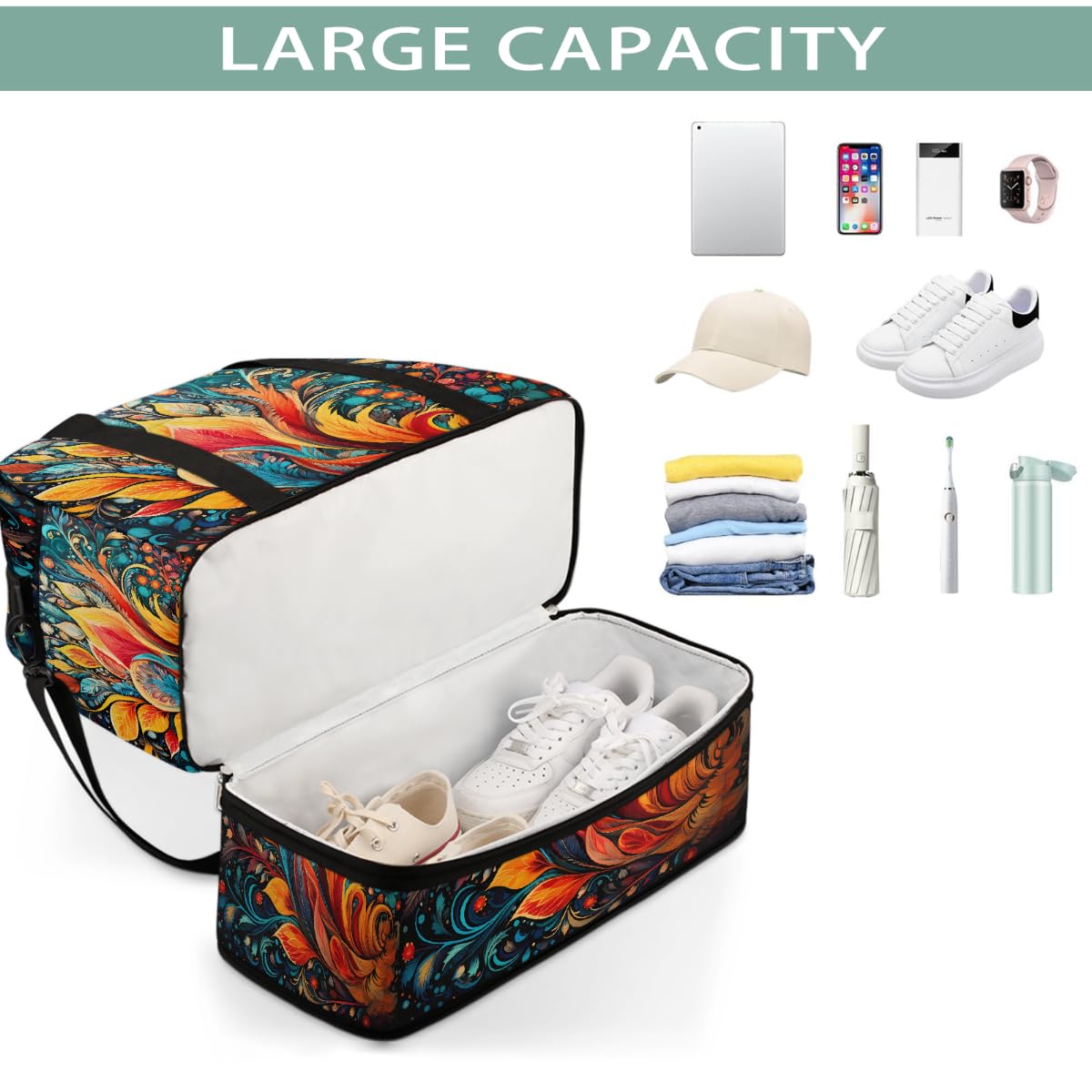 Borsone da viaggio pieghevole con motivo cachemire floreale bohémien, borsa da palestra espandibile con scomparto per scarpe, borsa da weekend di grande capacità, borsa da viaggio, sport, viaggi