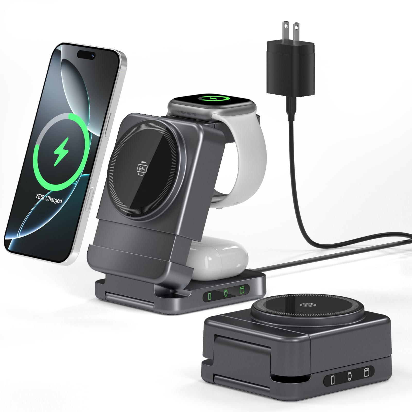 Foldable Wireless Charger, 3 in 1 Charging Station for Apple Samsung Multi Devices Charging,Magnetic Charger Stand, Portable Travel Fast 15W Charging Station for Phone, TWS, iWatch (Grey)