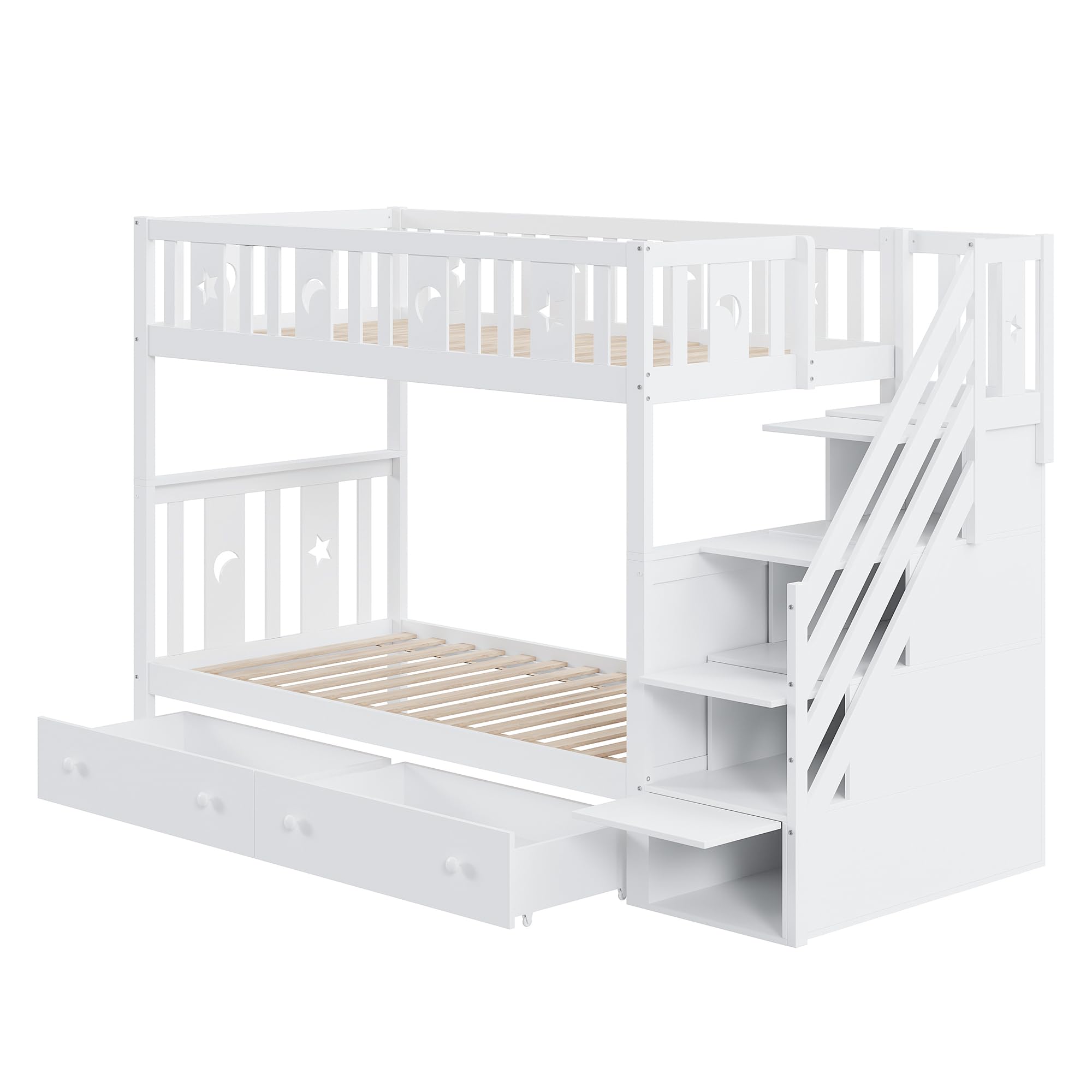 Moimhear Lettino per bambini, 90x200 cm, letto a castello in legno massiccio, con scala di sicurezza, scala con spazio di archiviazione, due grandi cassetti e rete a doghe, trasformabile in 2 piccoli