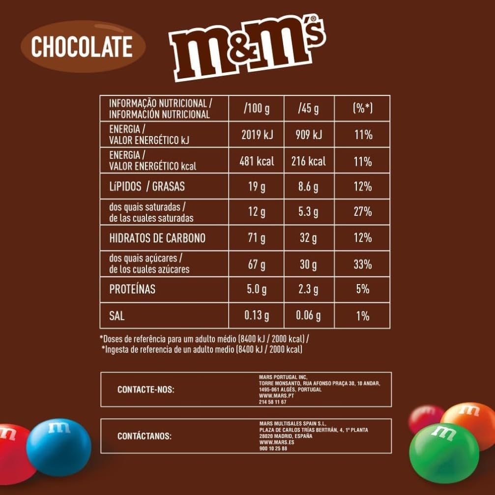 M&Ms Snack En Bolitas De Colores De Late Con Leche ( Bolsitas X 45g), Choco, 24 Unidad