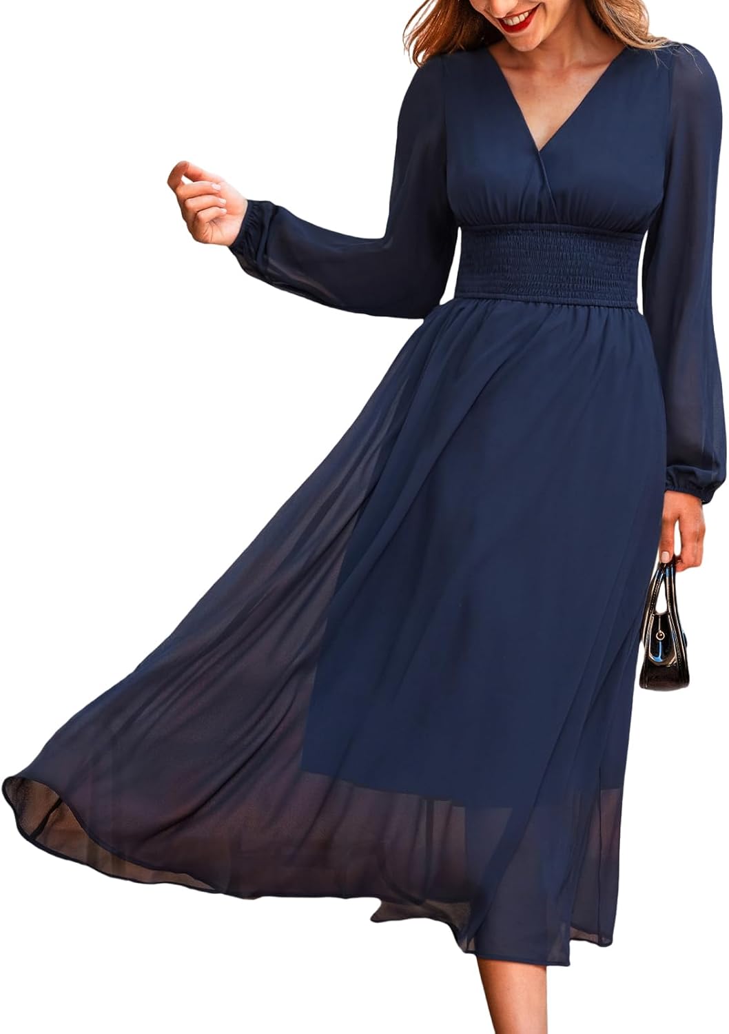 CUPSHE Women's Fall V Neck Long Sleeve Maxi Dresses Smocked Waist Elegant Cocktail Wedding Guest Dress