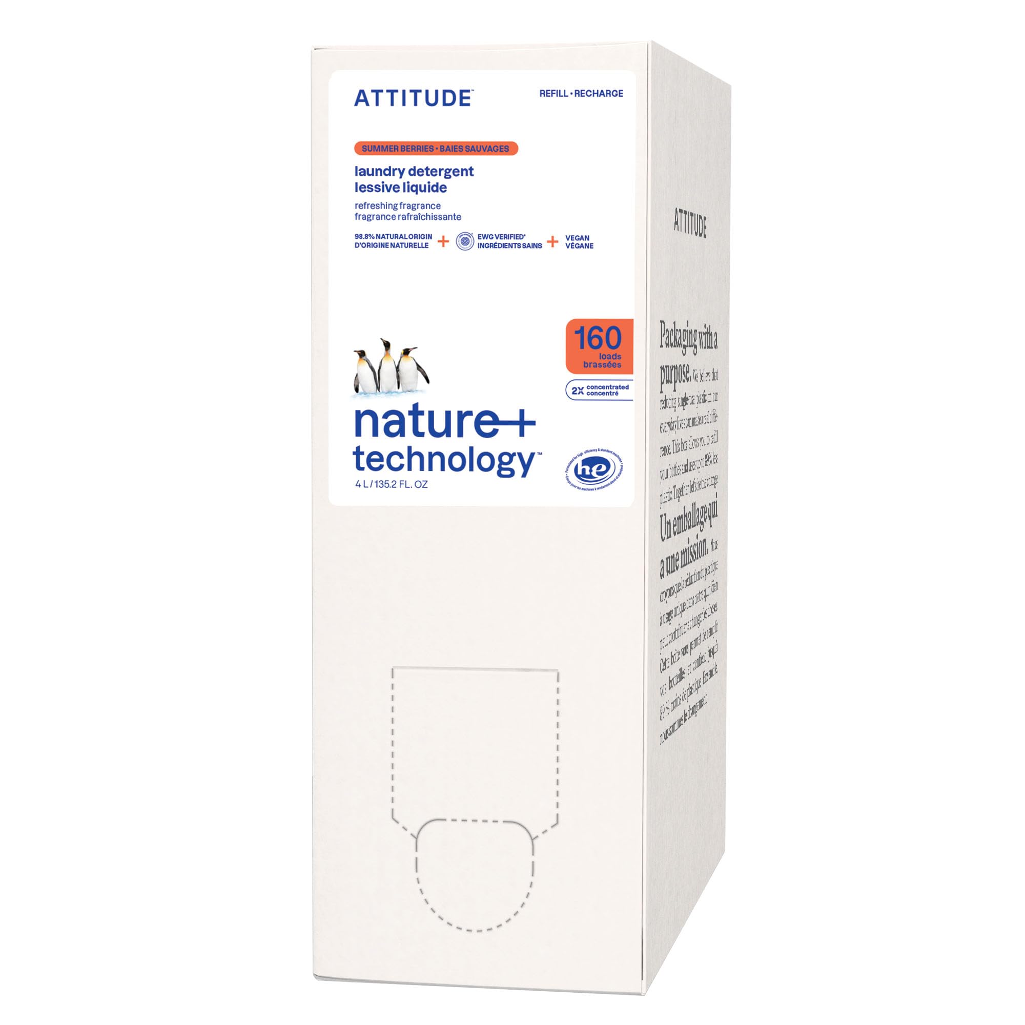 ATTITUDE Recharge Lessive Liquide, certifiée EWG, HE, végan, à base de plantes, parfum Baies d’Été, 160 brassées, 4 L