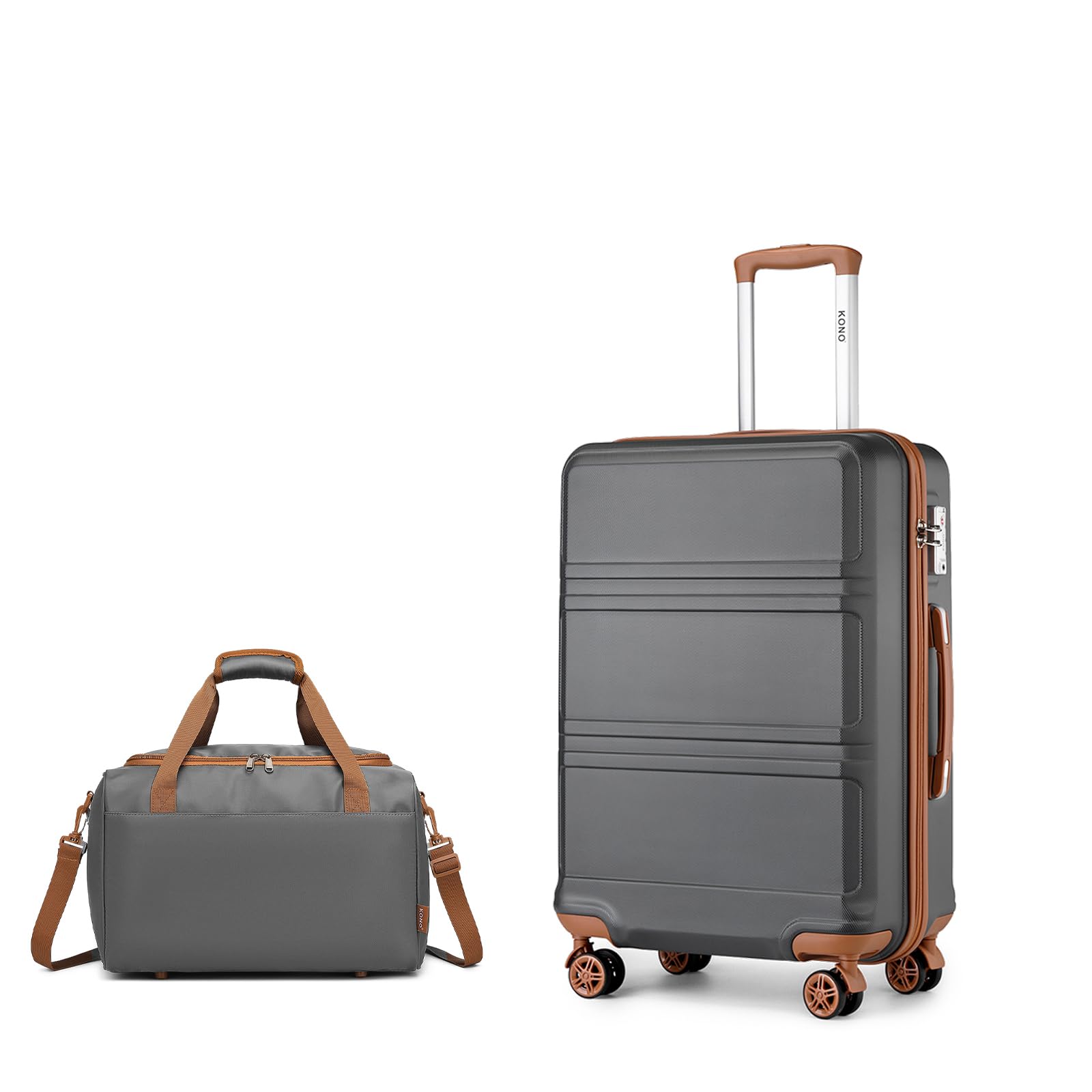 KONO 55cm Handgepäck-Koffer Trolley Set 2 Teilig Gepäcksets, Kleiner Koffer mit Rollen Handgepäck Set mit Ryanair Reisetasche 40x20x25cm, Grau/Braun