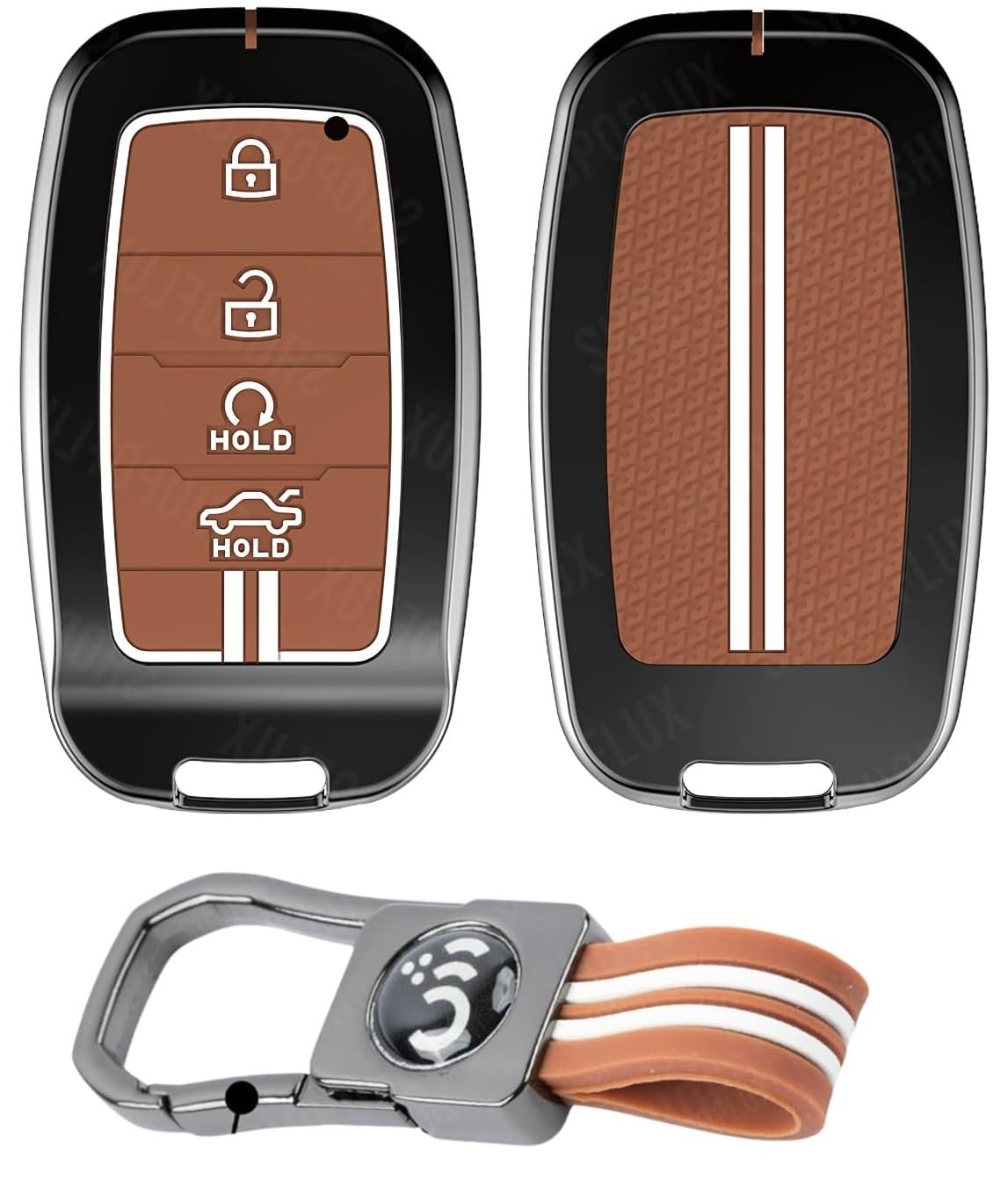 SHOPOFLUX Metal Key Cover Compatible with Kia Seltos | Sonet | Carens 4 Button Smart Key (Brown Silicone (Pack 1))