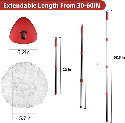 Miniatura 4 de Juego de 2 cabezales de repuesto para trapeador giratorio, 1 base, 1 mango de trapeador (30-58 pulgadas), juego combinado de trapeadores compatibles