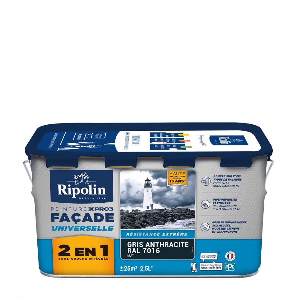 RIPOLIN Peinture façade XPro3 Universelle 2 en 1 Gris anthracite 2,5 L