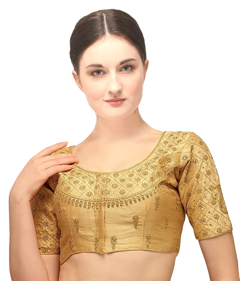 Women's Silk Embroidery Half Sleeve Blouse, Gold, 38