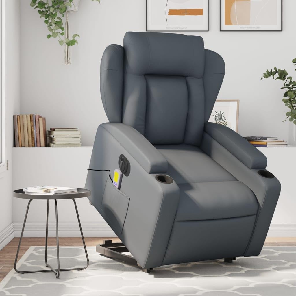 Fotel do masażu z funkcją wspomagania wstawania, fotel do salonu, fotel relaksacyjny, stół do masażu, fotel z funkcją wspomagania wstawania, elektryczny szary, sztuczna skóra – 3204568