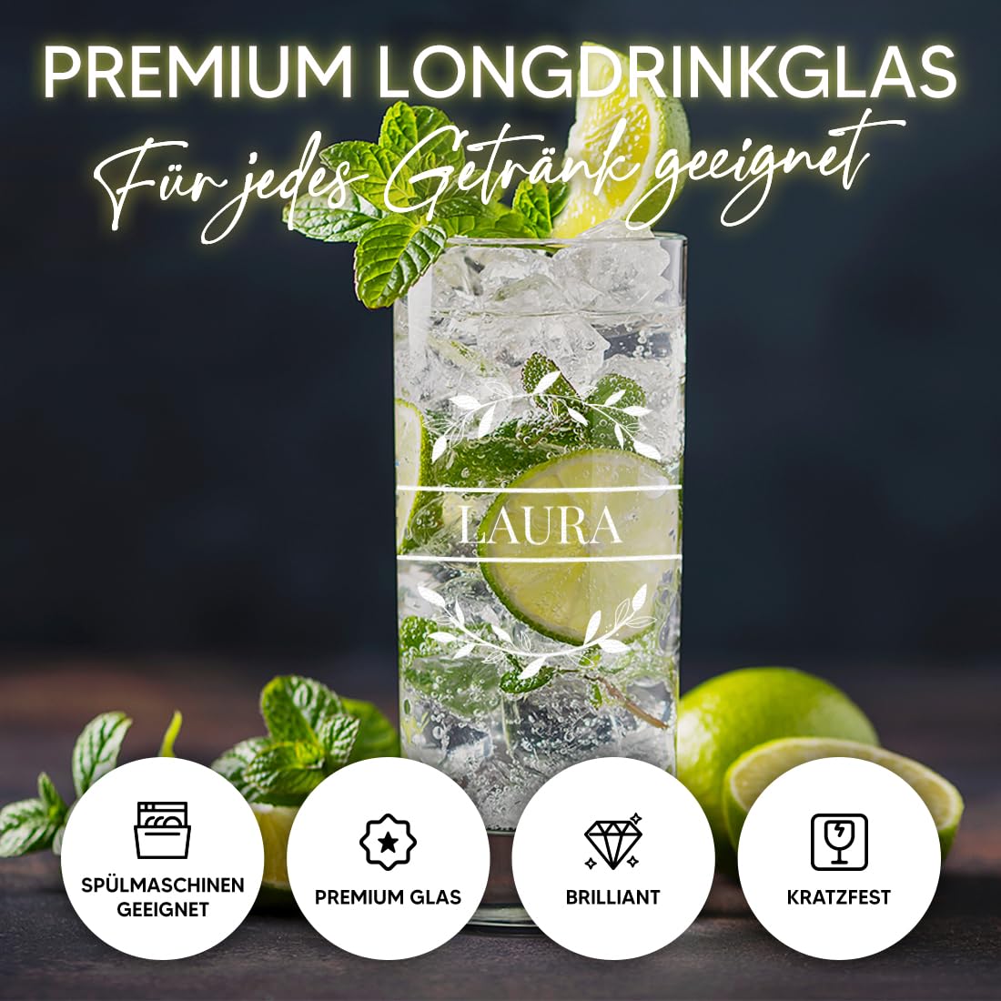 polar-effekt Longdrink Cocktailgläser 6er Set 485 ml mit Gravur - transparente Trinkgläser - Geschenk zum Geburtstag - ideal für Bier, Wasser, Saft und Drinks