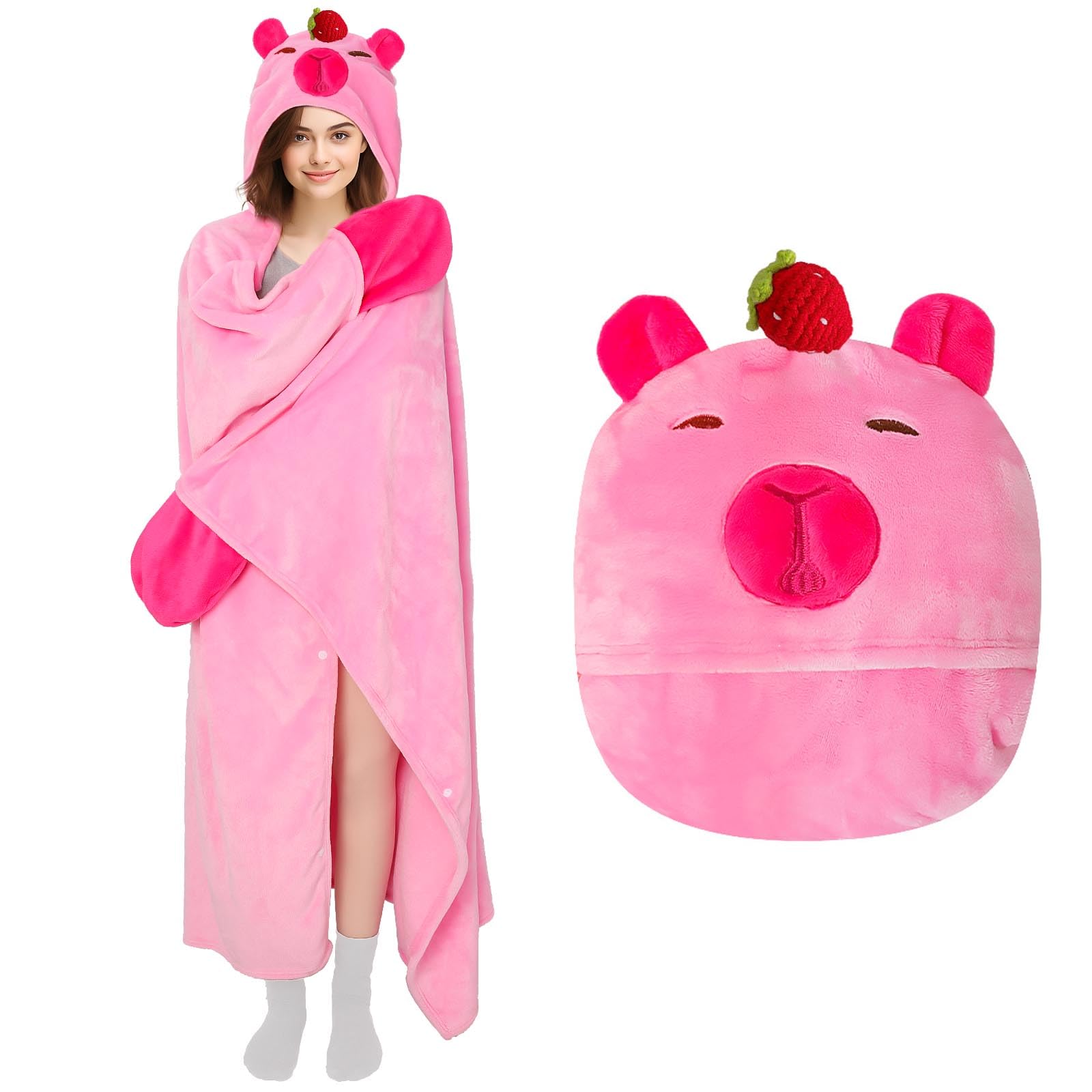 MSISILY Coperta con cappuccio indossabile da donna, morbida mantella avvolgente in pile e felpa con cappuccio Sherpa, Capibara Rosa, 160X130 cm