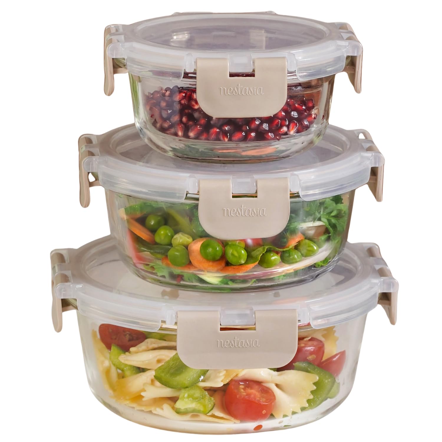 Nestasia Nestro Airtight Glass Containers with Lid Set of 3 (215ml, 400ml, 600ml) | Spill Proof Round Glass Containers with Break Free Lock - Microwave, Dishwasher & Freezer Safe (Beige)