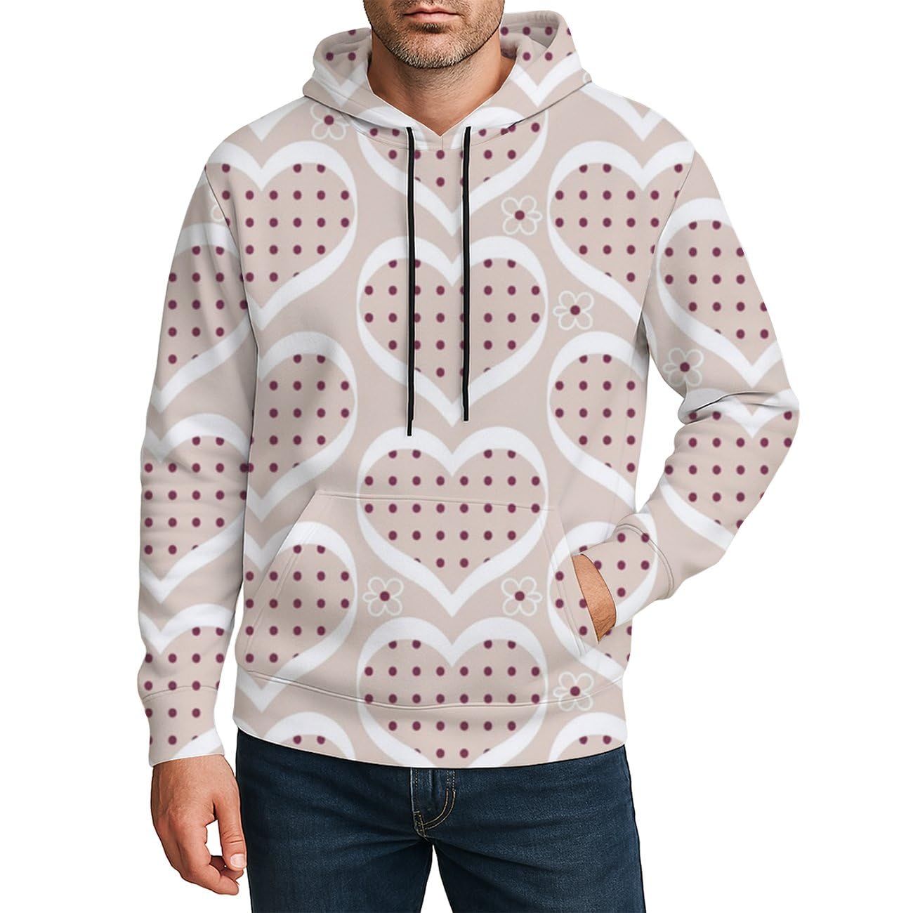 Size chart for the hoodie showing chest, sleeve, and length measurements in cm and inches for sizes S, M, L, XL, XXL