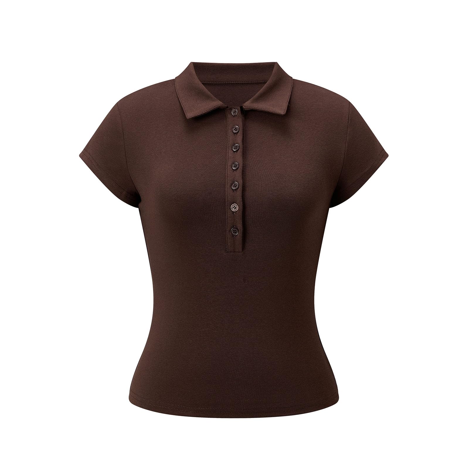 Sexy Outfit Polo Corto Ajustado con Cuello en V y Botones, Camiseta de Golf Informal Elegante para Mujer | Camiseta Polo Recortada con Medio botón y Corte Entallado Henley con Manga Casquillo Tops