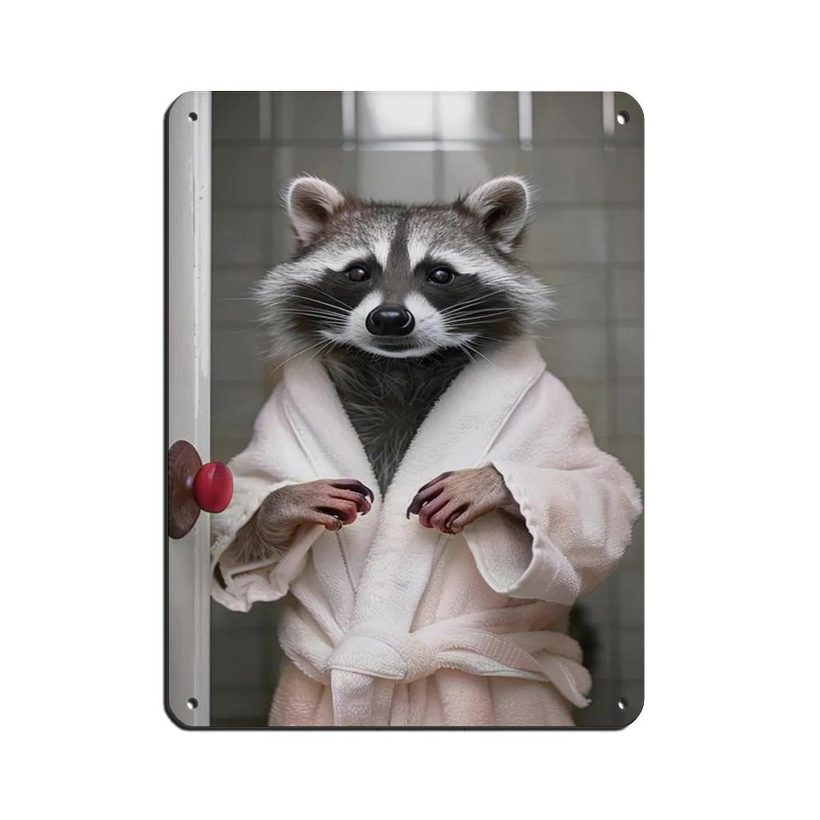 Funny Raccoon in Bathrobe, Bathroom Art Tin Sign Vintage Metal Pub Club Cafe Bar Home Wall Art Decoration Poster Retro 12x16inch(30x40cm)