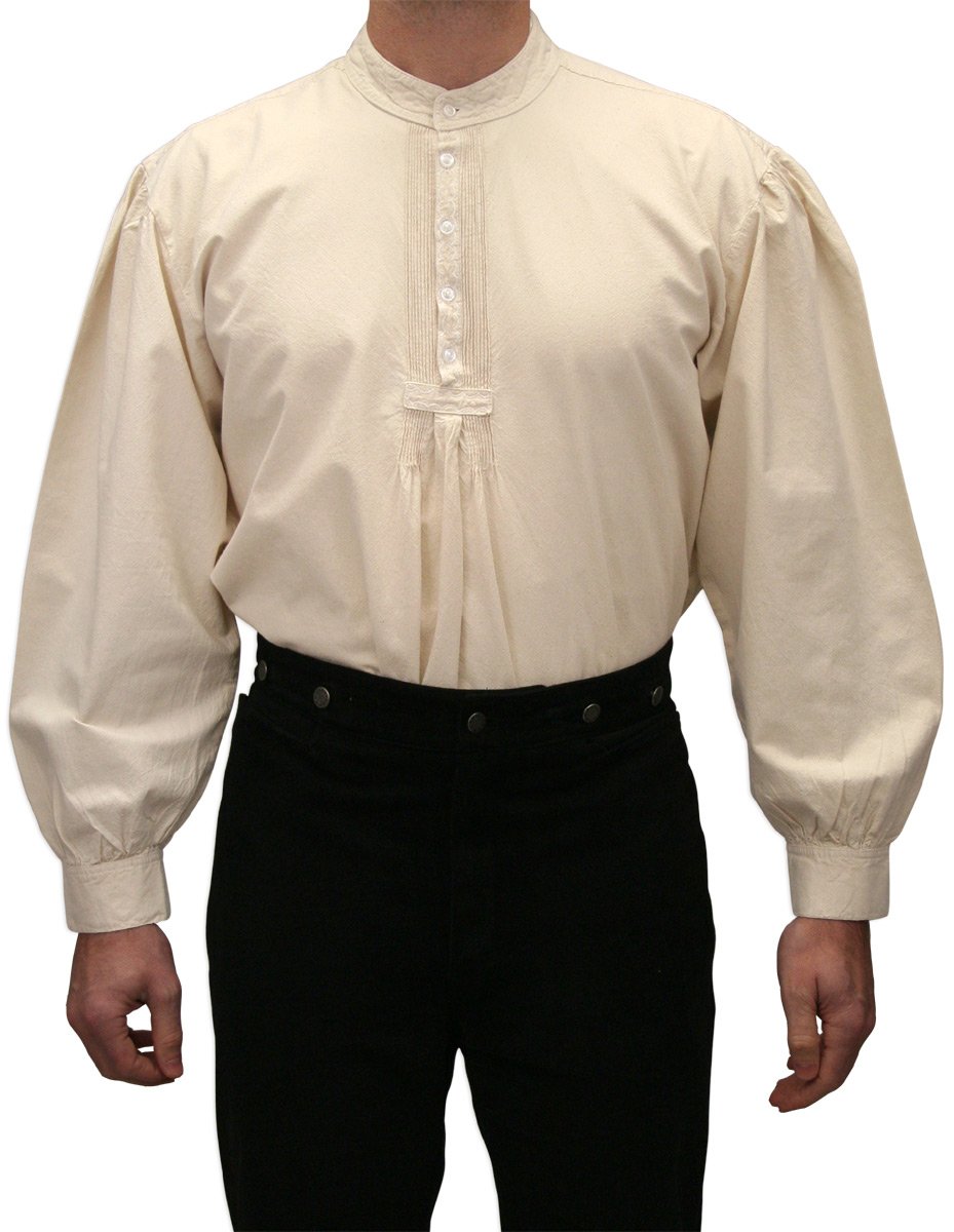 Men's Band Collar Pima Cotton Pleated Work Shirt, Victorian Old West Cowboy Period Costume Reenactment