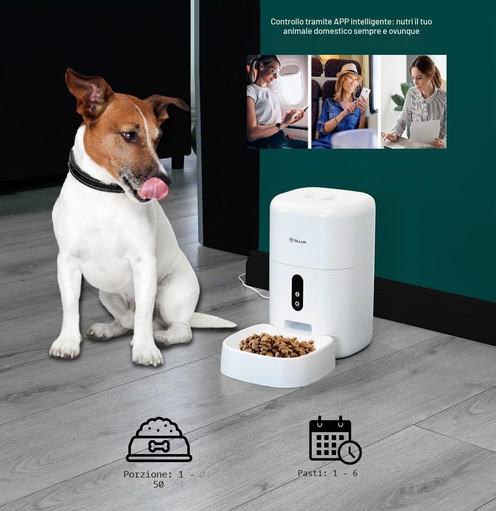 TELLUR SMART Distributore Automatico di Cibo per Gatti e Cani, Mangiatoia Alexa, WiFi, 4L, Videocamera 2K, Compatibile Alexa e Google,Rregistrazione Vocale 10s, Tempo del Cibo e Porzioni Programmabili