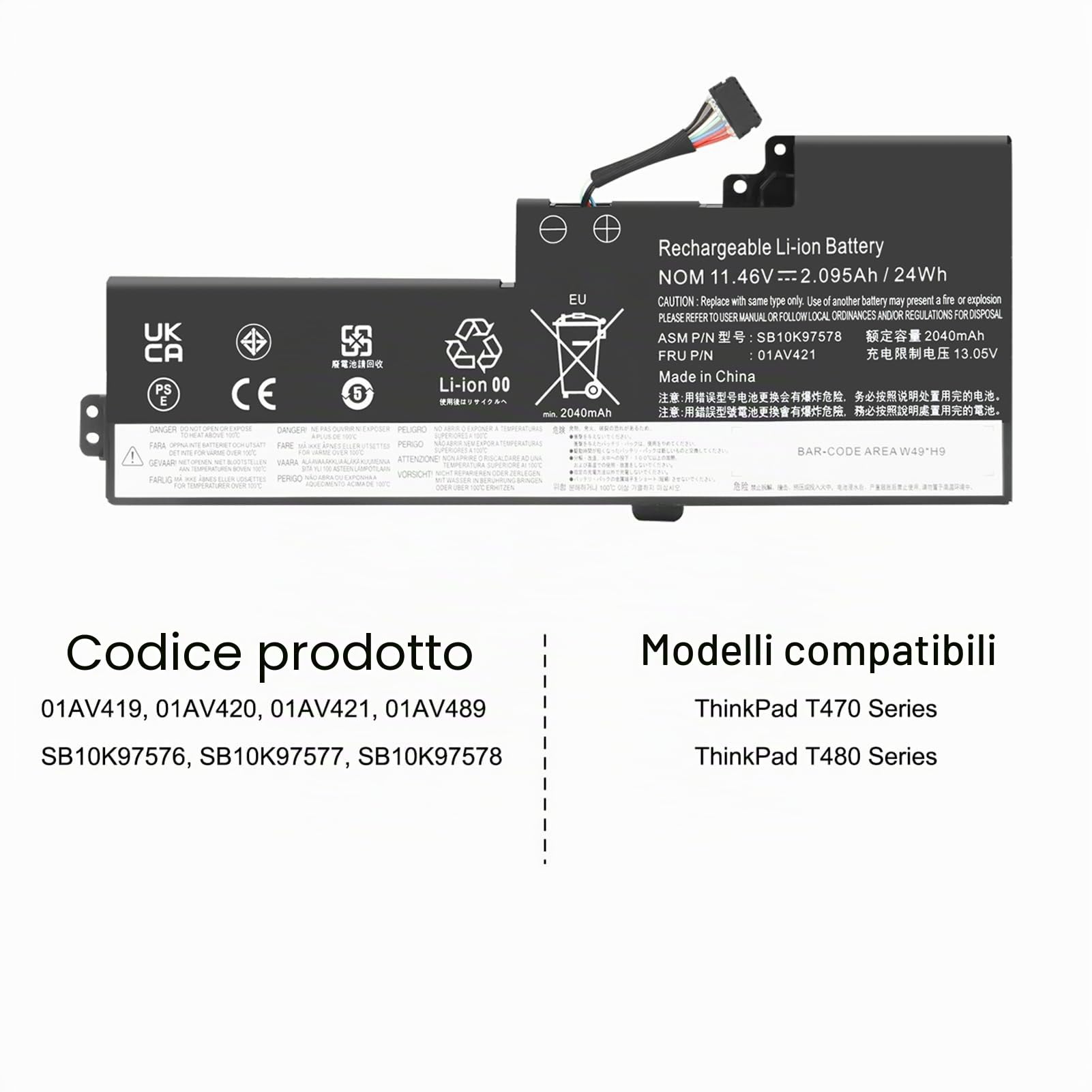 01AV420 01AV421 Batteria per Lenovo ThinkPad T480 T470 A475 A485 TP25 Series Notebook 01AV419 01AV489 SB10K97576 SB10K97577 SB10K97578 11.4V 24Wh