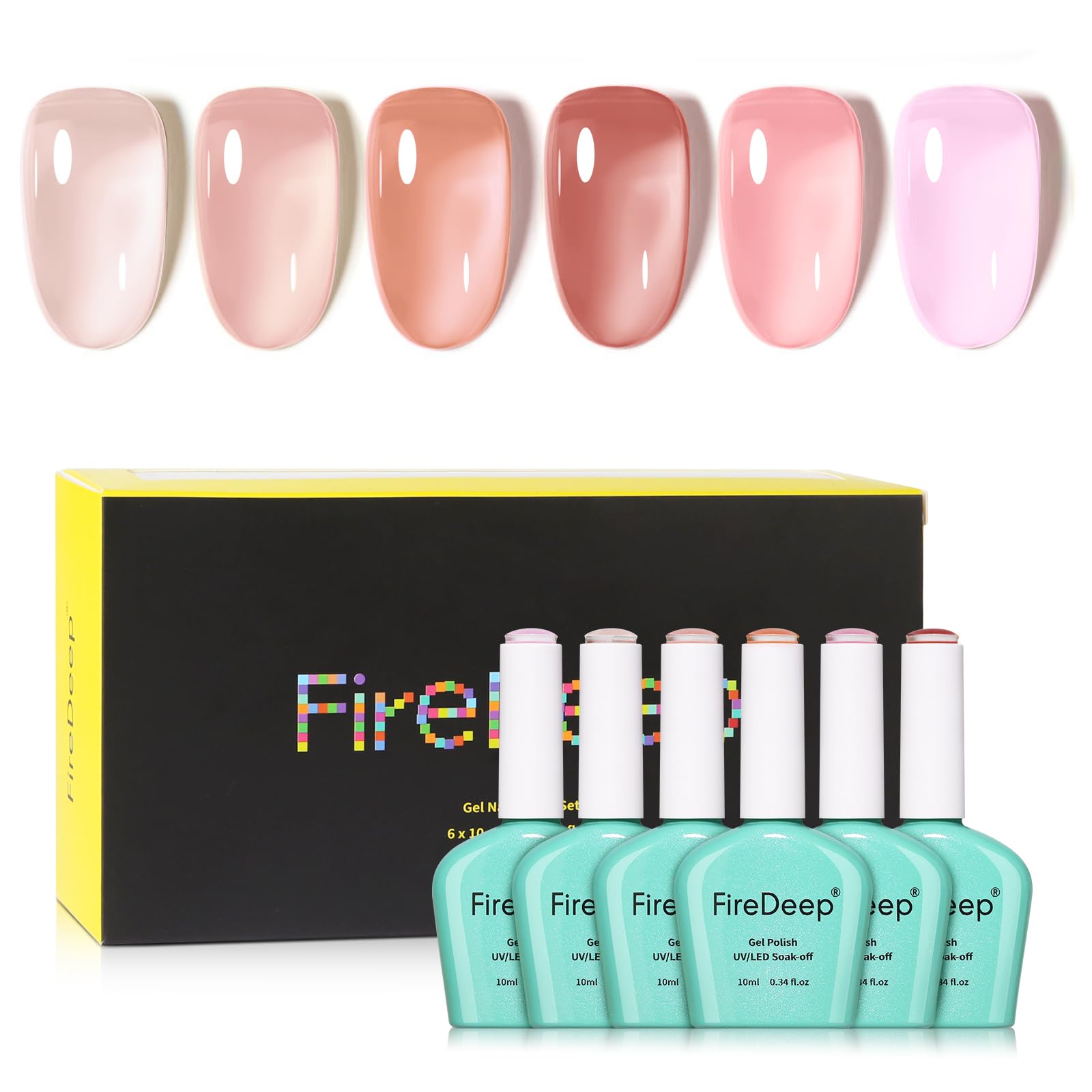 Firedeep Set Smalto Gel 10ml Senza HEMA 6 Colori Set Trasparente Jelly Rosa Nudo Rosa Chiaro Soak Off LED UV Lunga Durata Kit Manicure per Donne Fai Da Te e Salone​
