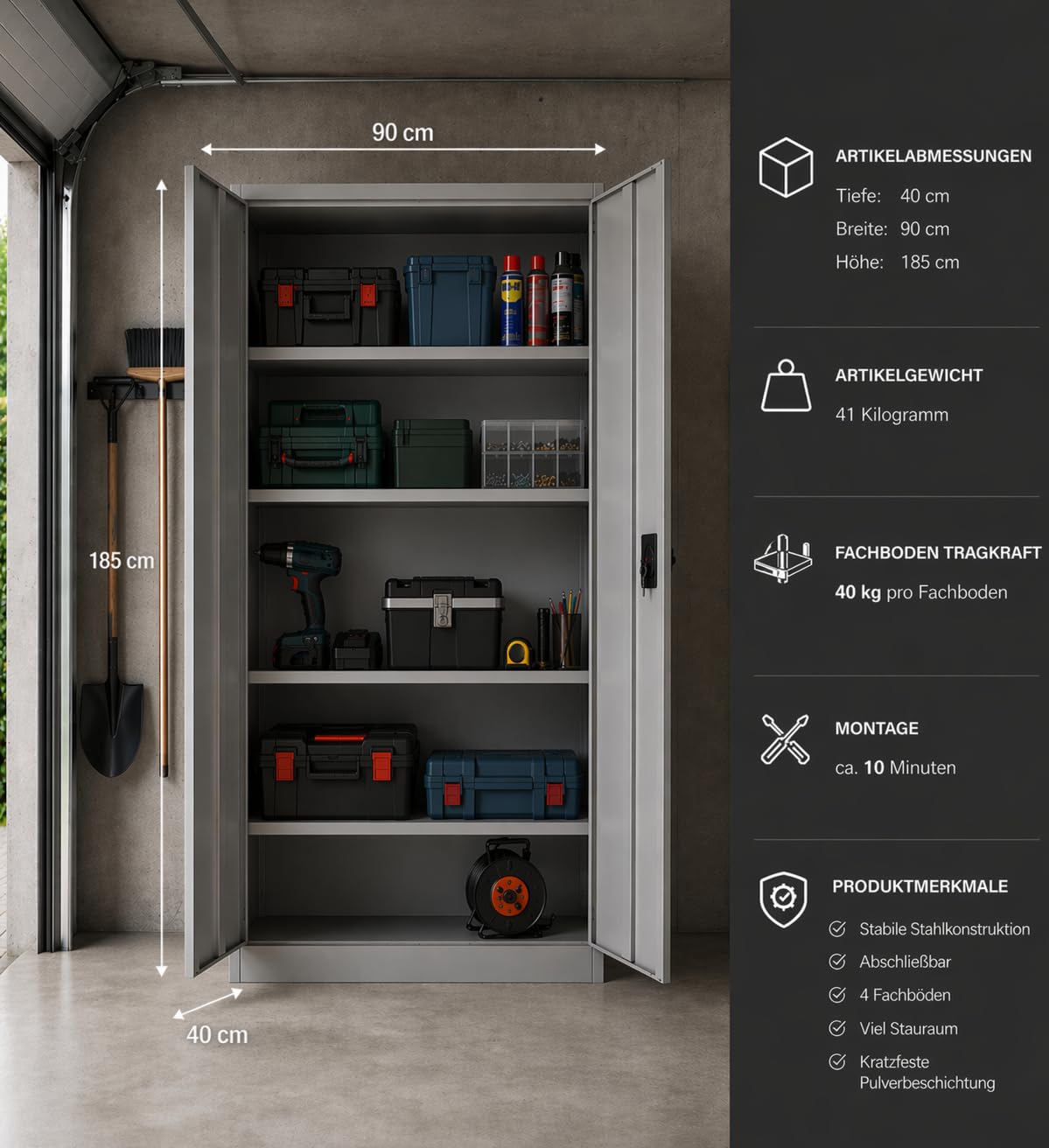 BISLEY Stahlschrank abschließbar – Werkzeugloser Aufbau in Minuten – 185x90x40 cm – Metallschrank 40kg pro Boden – Werkstattschrank/Garagenschrank/Aktenschrank