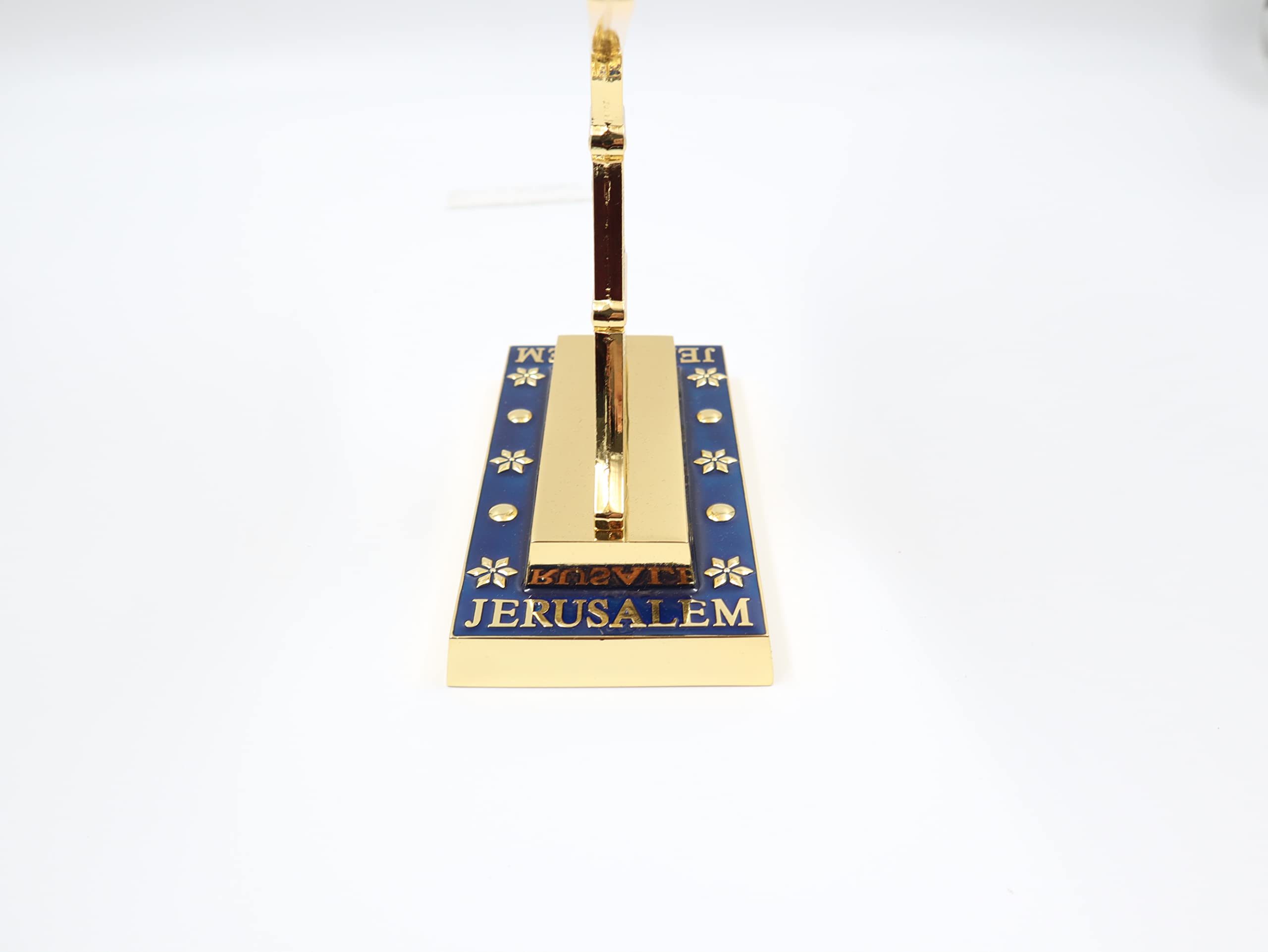 Jerusalem Golden 7 Branch Menorah Acabado esmalte azul, con 12 tribus de Israel, candelabros (27,4 cm)