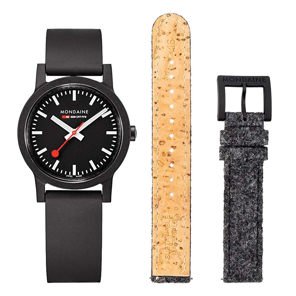 MondaineEssence MS1.32120.RB.Set Mens and Womens Watch 32mm - Official Swiss Railways Wrist Watch Black Renewable Material Strap 30m Water Resistant Sustainable