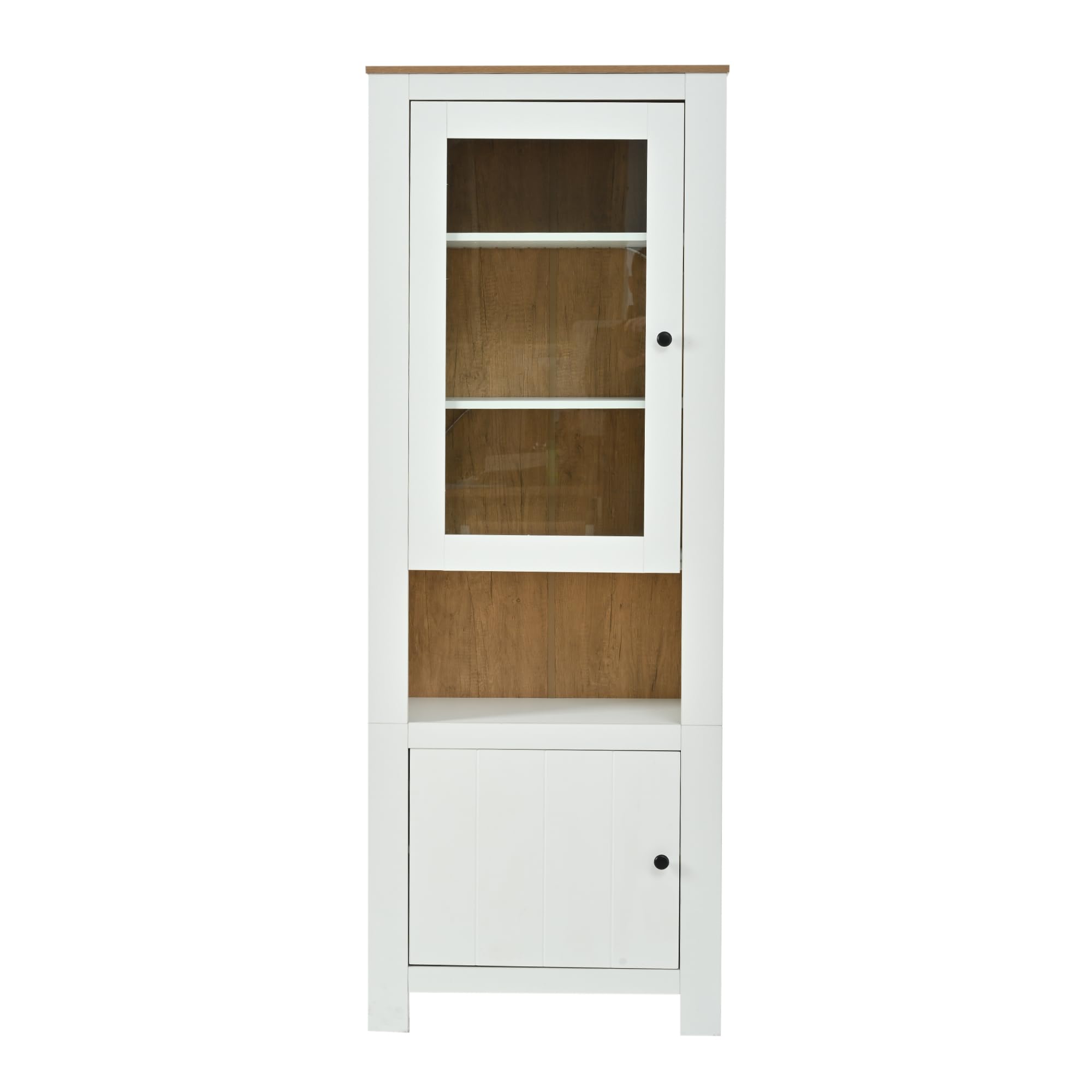 MURUL Armario alto, 70 x 40 x 188 cm, vitrina con 2 puertas, seis estantes, pared trasera en imitación de madera natural, estantes ajustables, vitrina de cristal con LED, color blanco + madera natural