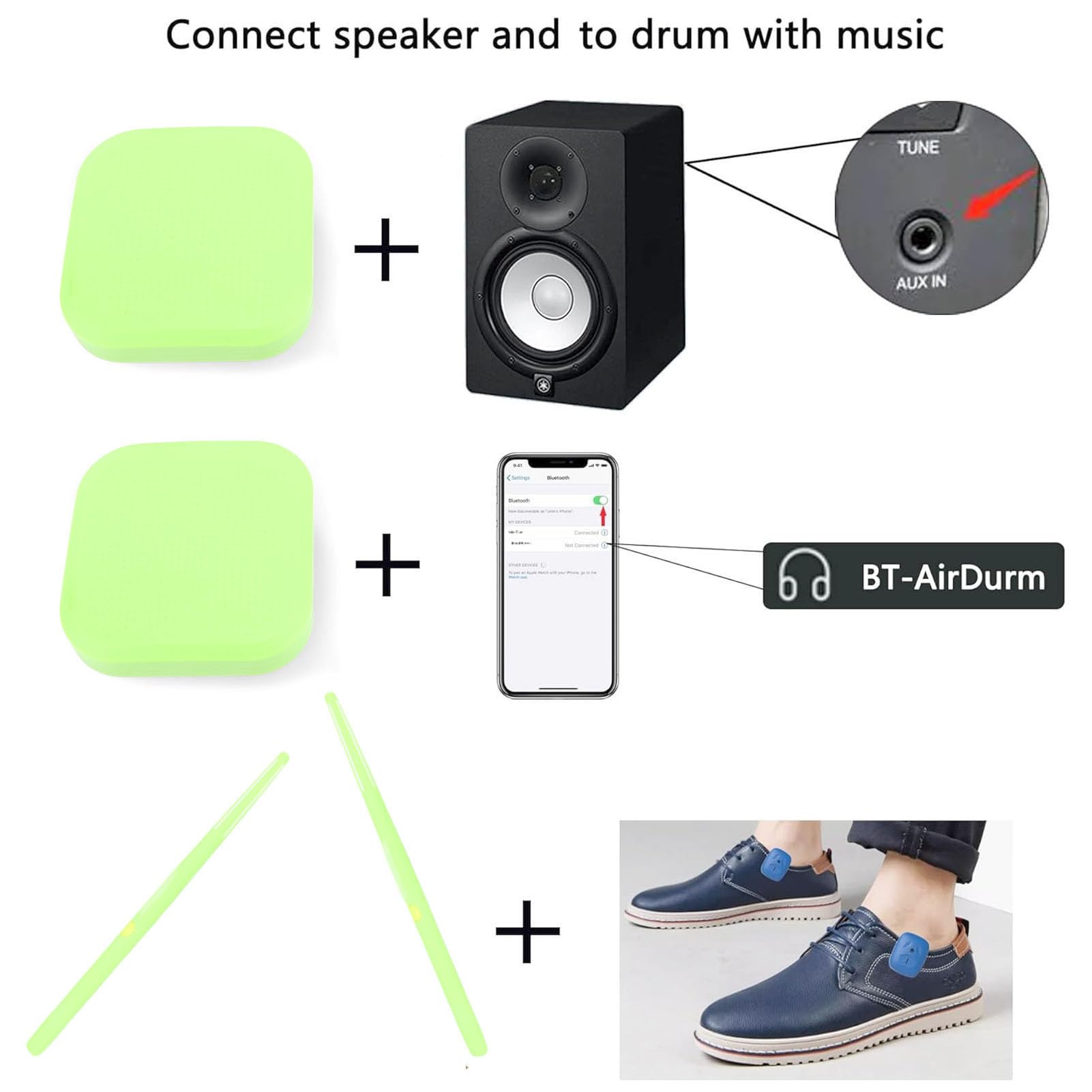 Electric Air Drum Set, Virtual Air Drum Set, Portable 3D Motion Sensing Virtual Drum Kit with Drumsticks, Pedals, 8 Sounds, Drum Stick Light RGB Effect (Green)