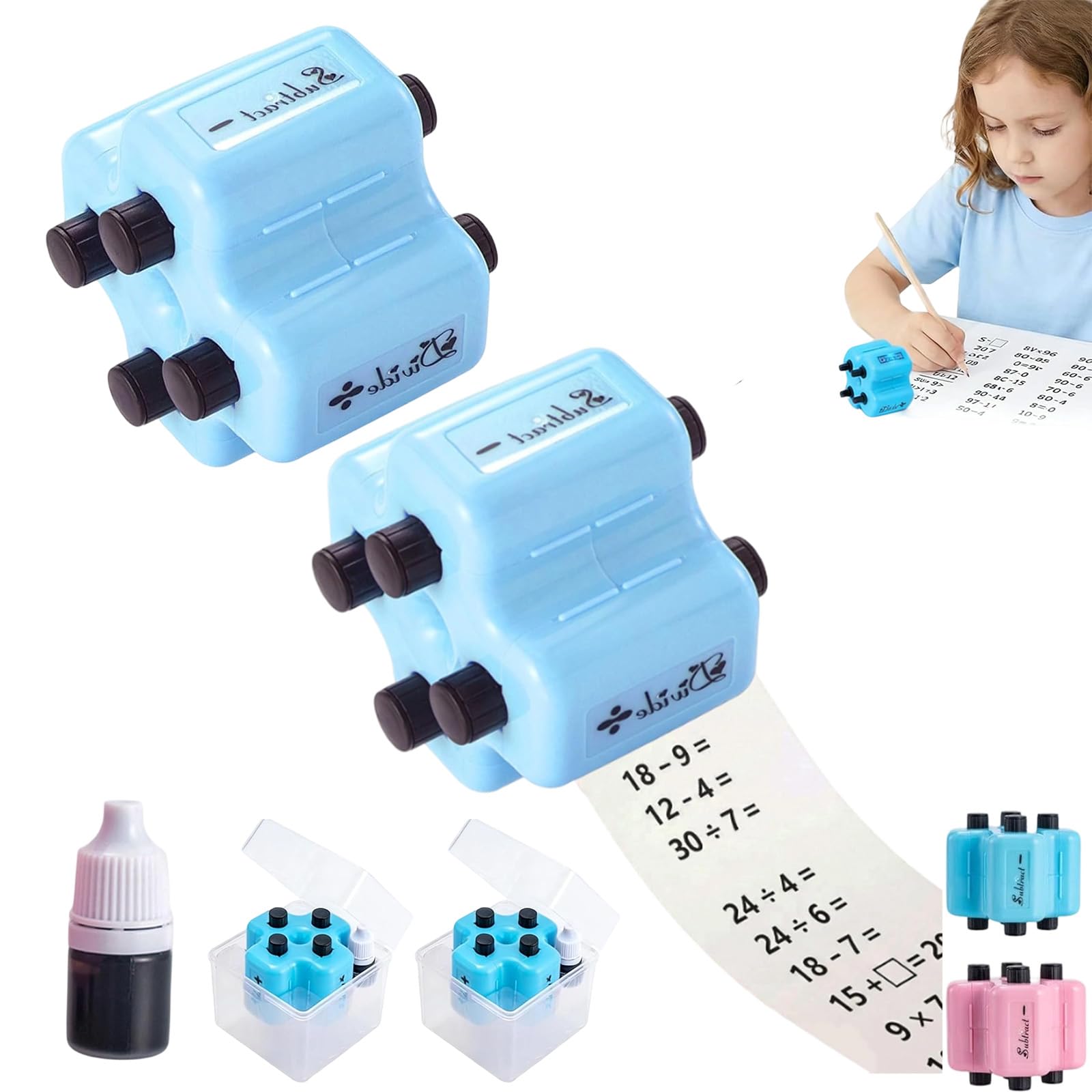 4 in 1 Math Roller Stamp Set, Smart Math Stamp Roller, Reusable Addition Subtraction Multiplication Division Practice Tool, Brain Improvement Device for Kids (Blue+Blue)