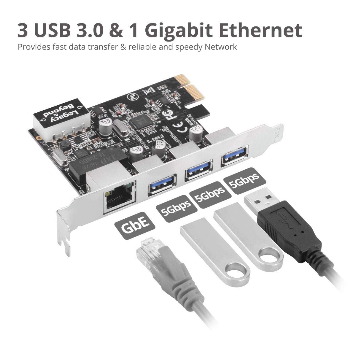 SIIG LB-US0614-S1 Carte adaptateur PCI Express USB 3.0 + Gigabit Ethernet LAN – Standard et bas – Profil Windows Server 7, 8, 8.1, 10 PCsPC