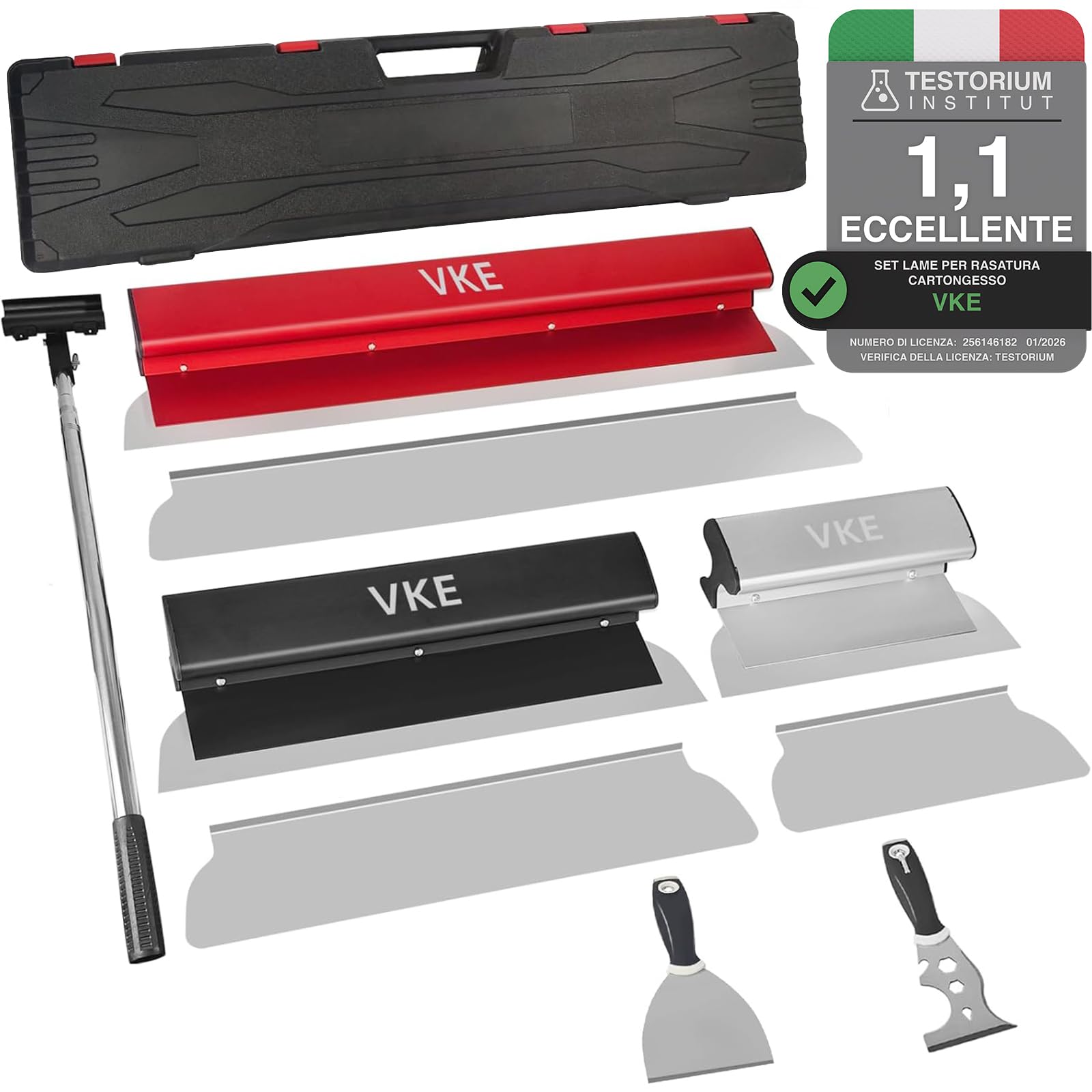 VKE Set di Spatole per Stucco 25/40/60 cm con Manico in Lega di Alluminio | con Lame Intercambiabili, Asta Telescopica da 2,1 m, Valigetta e Spatola multifunzione per Intonacare Pareti e Soffitti