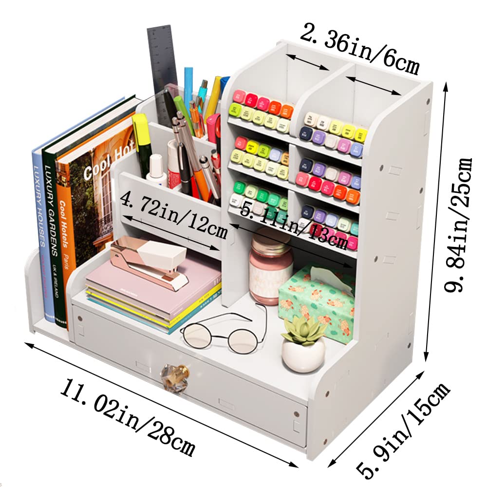 NUODWELL Organizador de escritorio con cajón, soporte para lápices y organizador de suministros de arte para el hogar, la oficina y la escuela, blanco