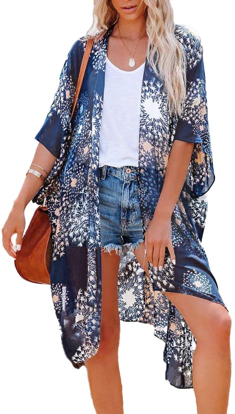 Women's Floral Print Puff Sleeve Kimono Cardigan Loose Cover Up Casual Blouse Tops