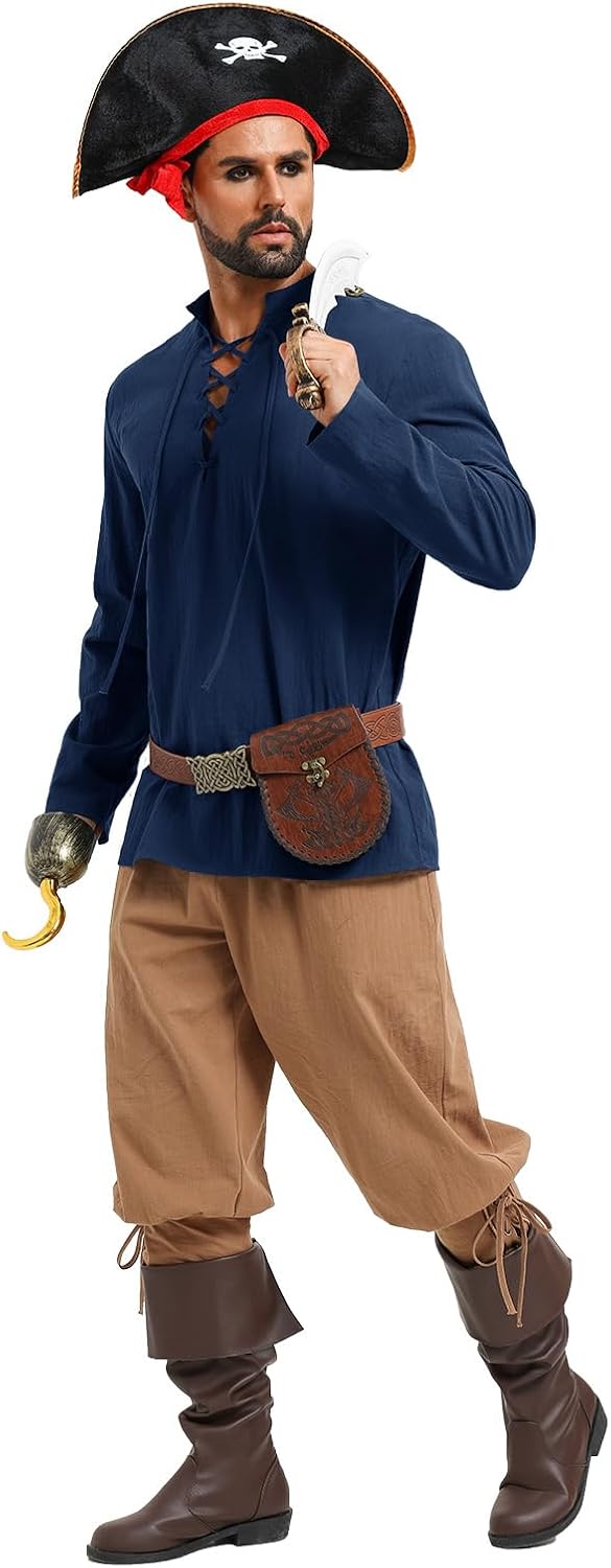 Runcati Mens Renaissance Pirate Shirt Medieval Viking Steampunk Costume Shirts Halloween Lace Up Retro Tops