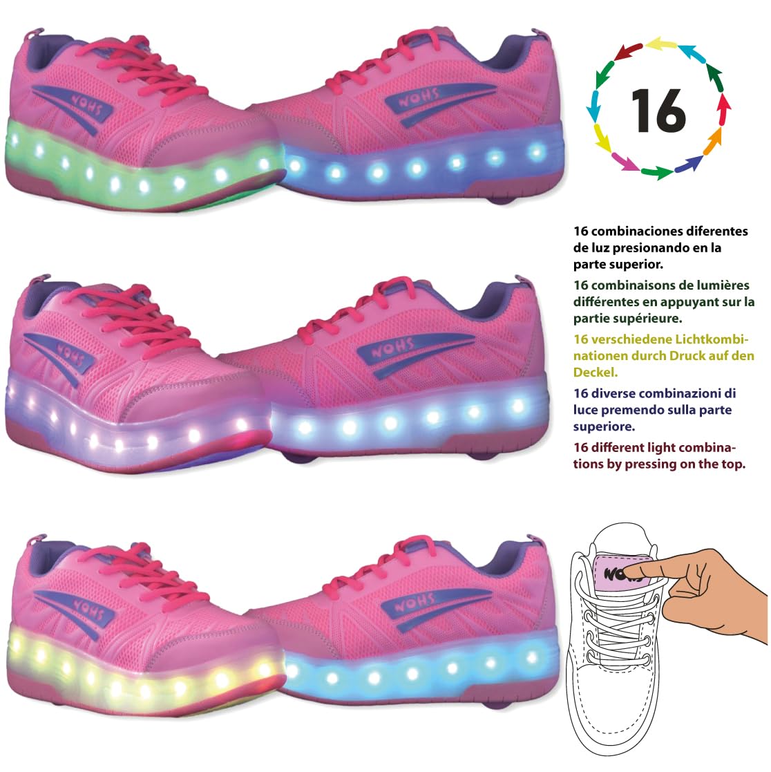 Turnschuhe mit Zwei Rädern und LED-Leuchten, Wiederaufladbar, 16 Lichteffekte